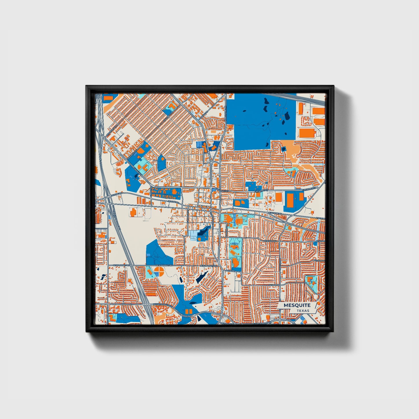 Mesquite Texas Colorful City Map Canvas Print • Black Framed