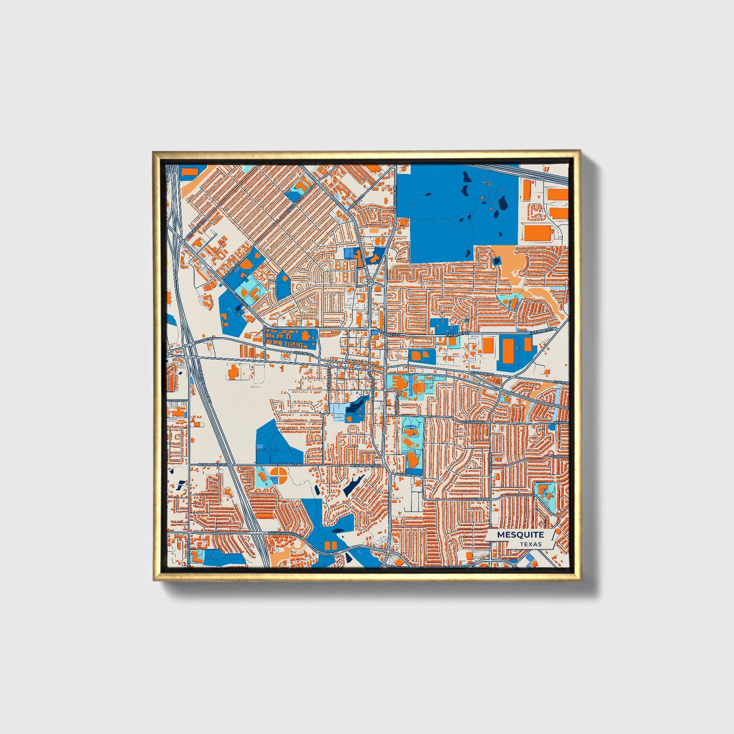 Mesquite Texas Colorful City Map Canvas Print • Gold Framed
