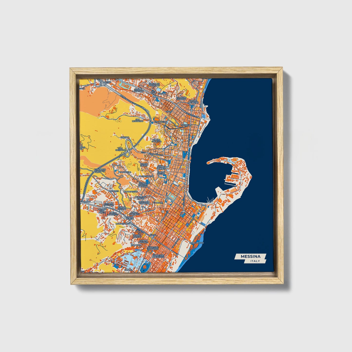 Messina  Italy Colorful City Map Canvas Print • Natural Wooden Framed