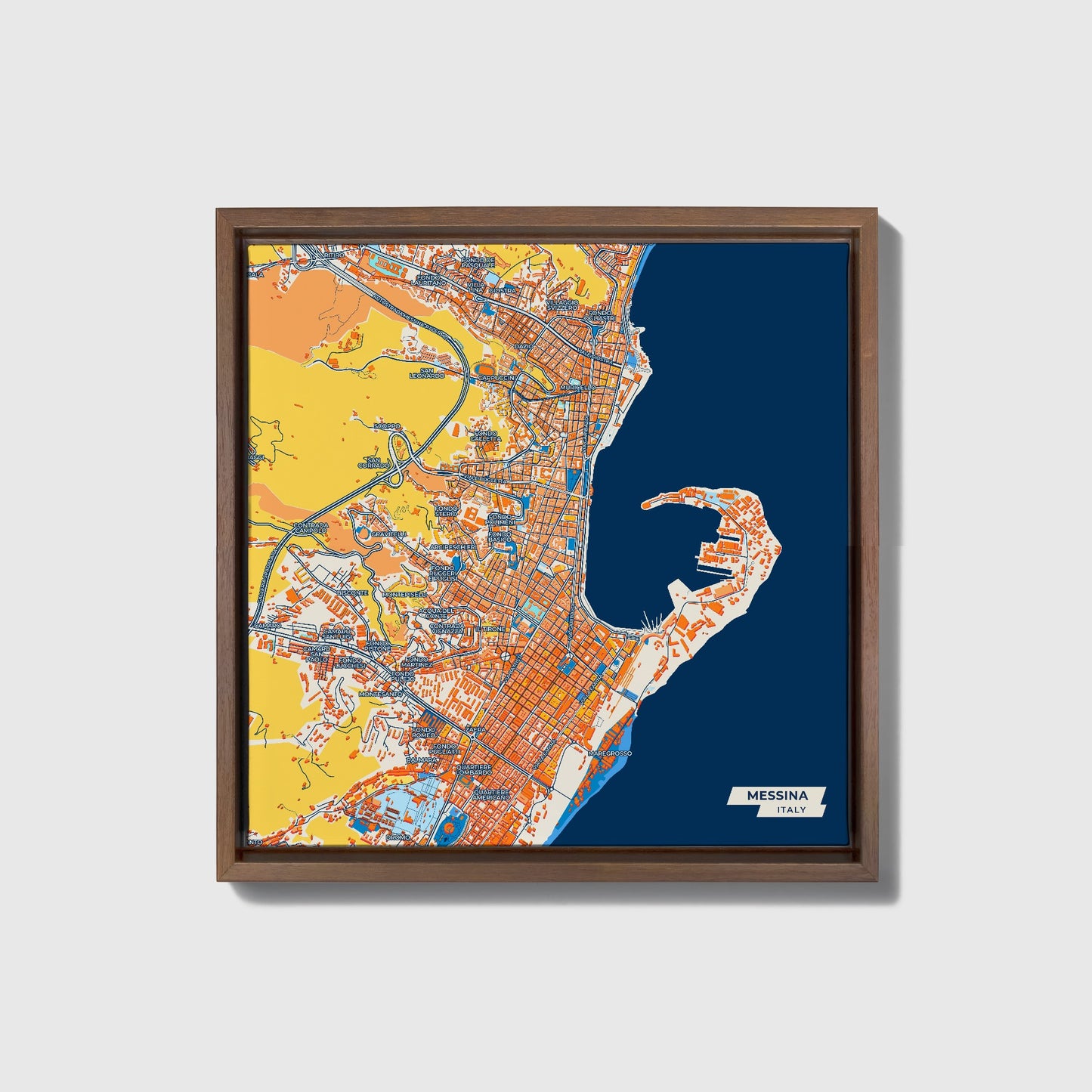 Messina  Italy Colorful City Map Canvas Print • Dark Wooden Framed