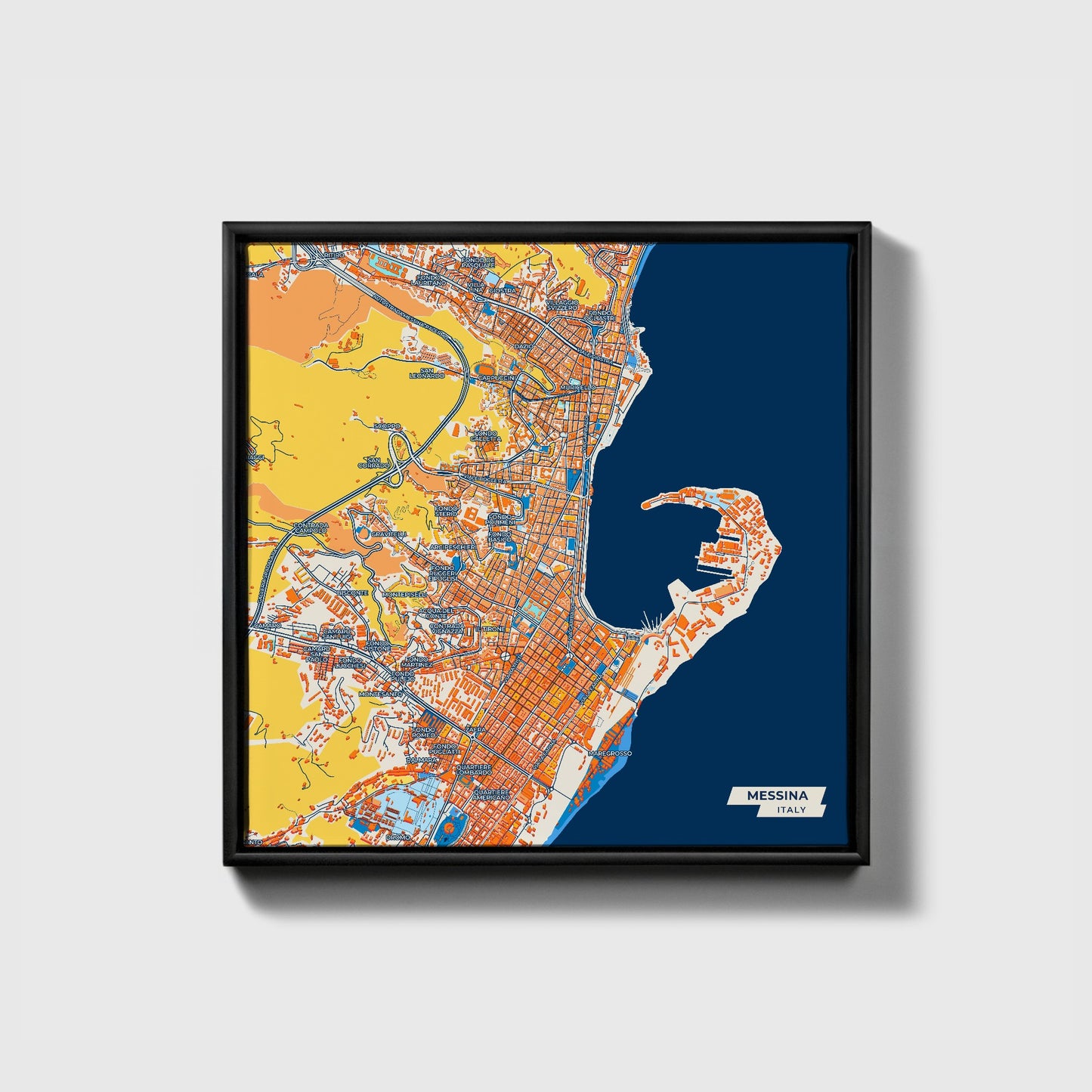 Messina  Italy Colorful City Map Canvas Print • Black Framed