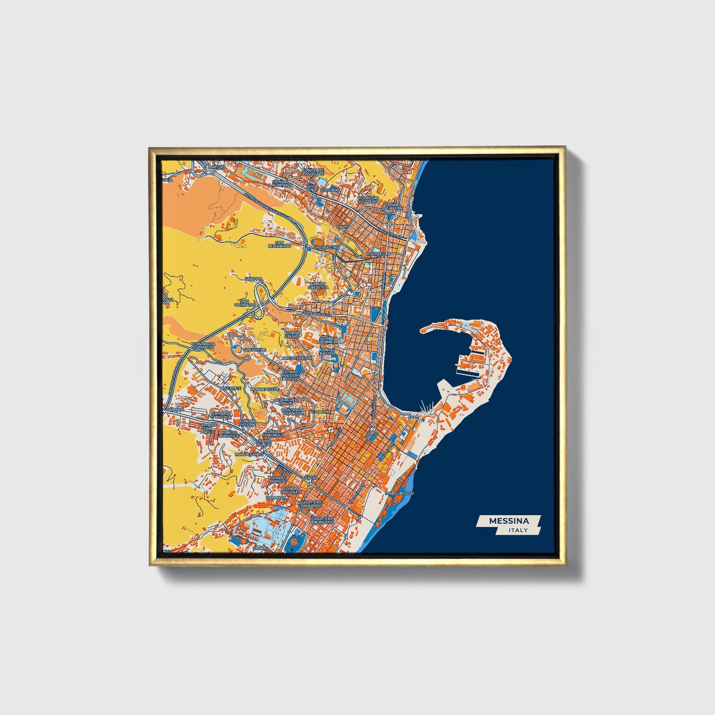 Messina  Italy Colorful City Map Canvas Print • Gold Framed