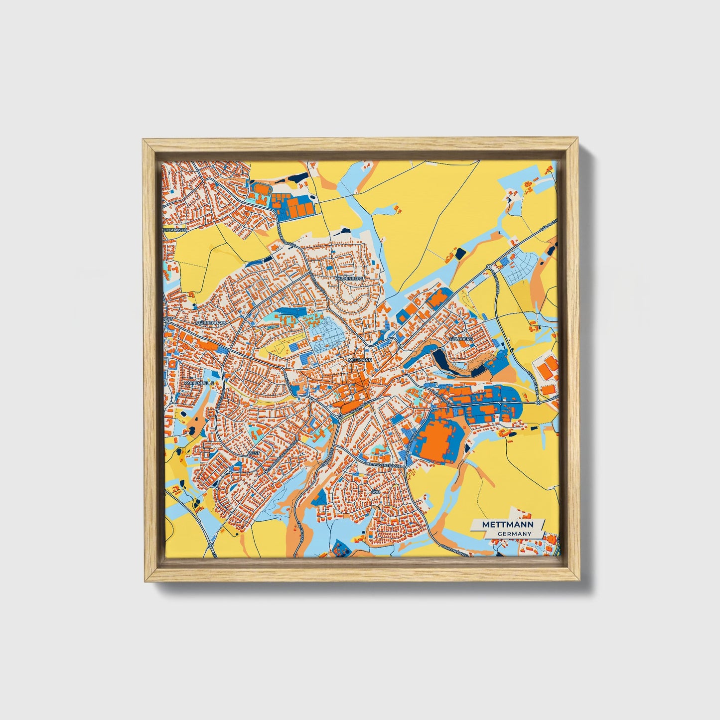 Mettmann Germany Colorful City Map Canvas Print • Natural Wooden Framed