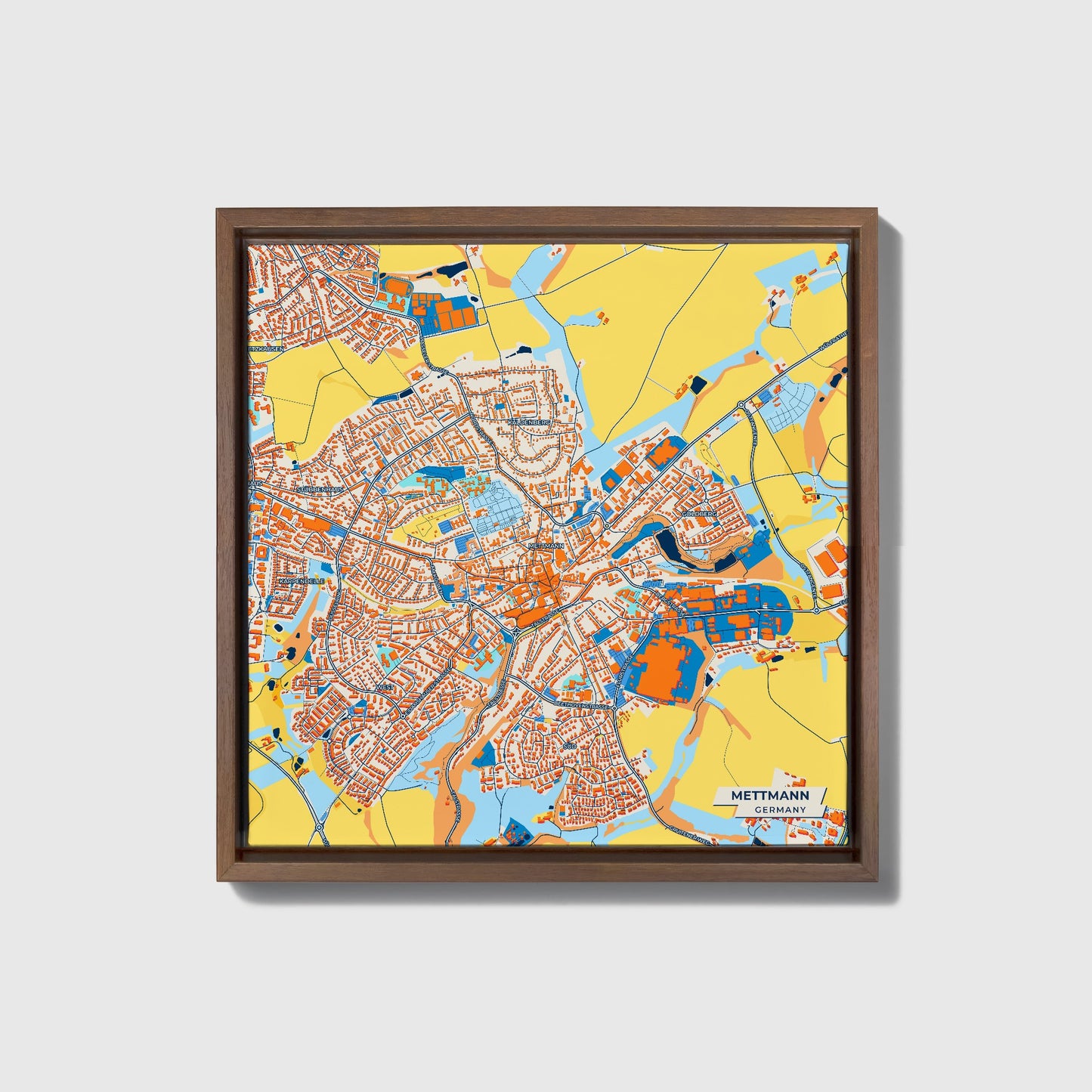 Mettmann Germany Colorful City Map Canvas Print • Dark Wooden Framed