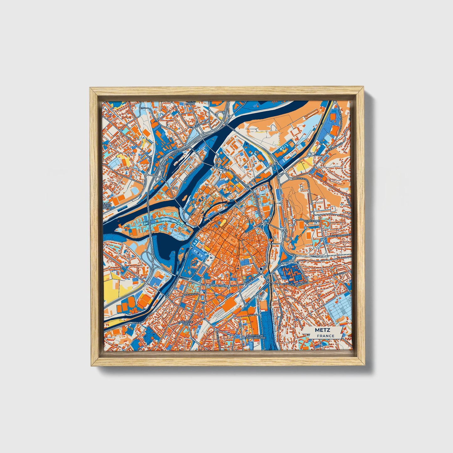 Metz France Colorful City Map Canvas Print • Natural Wooden Framed