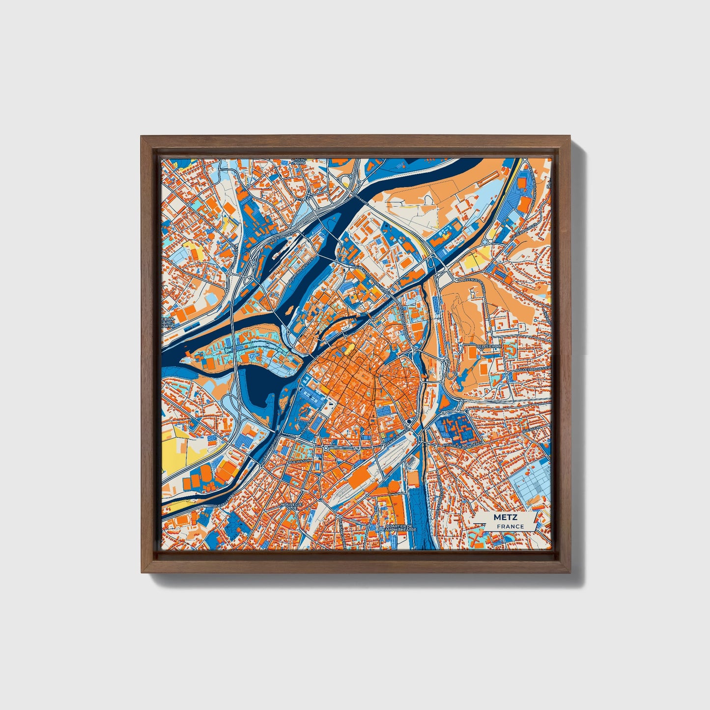 Metz France Colorful City Map Canvas Print • Dark Wooden Framed