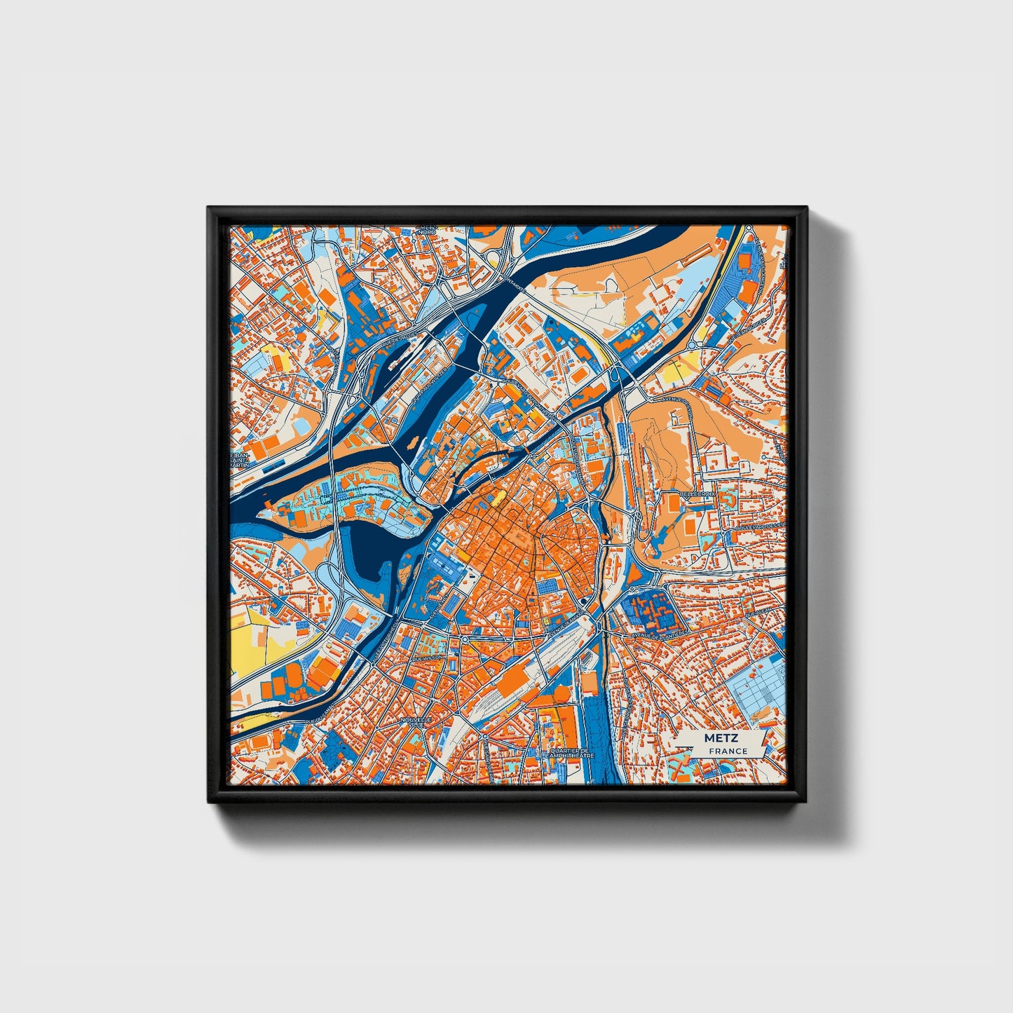Metz France Colorful City Map Canvas Print • Black Framed