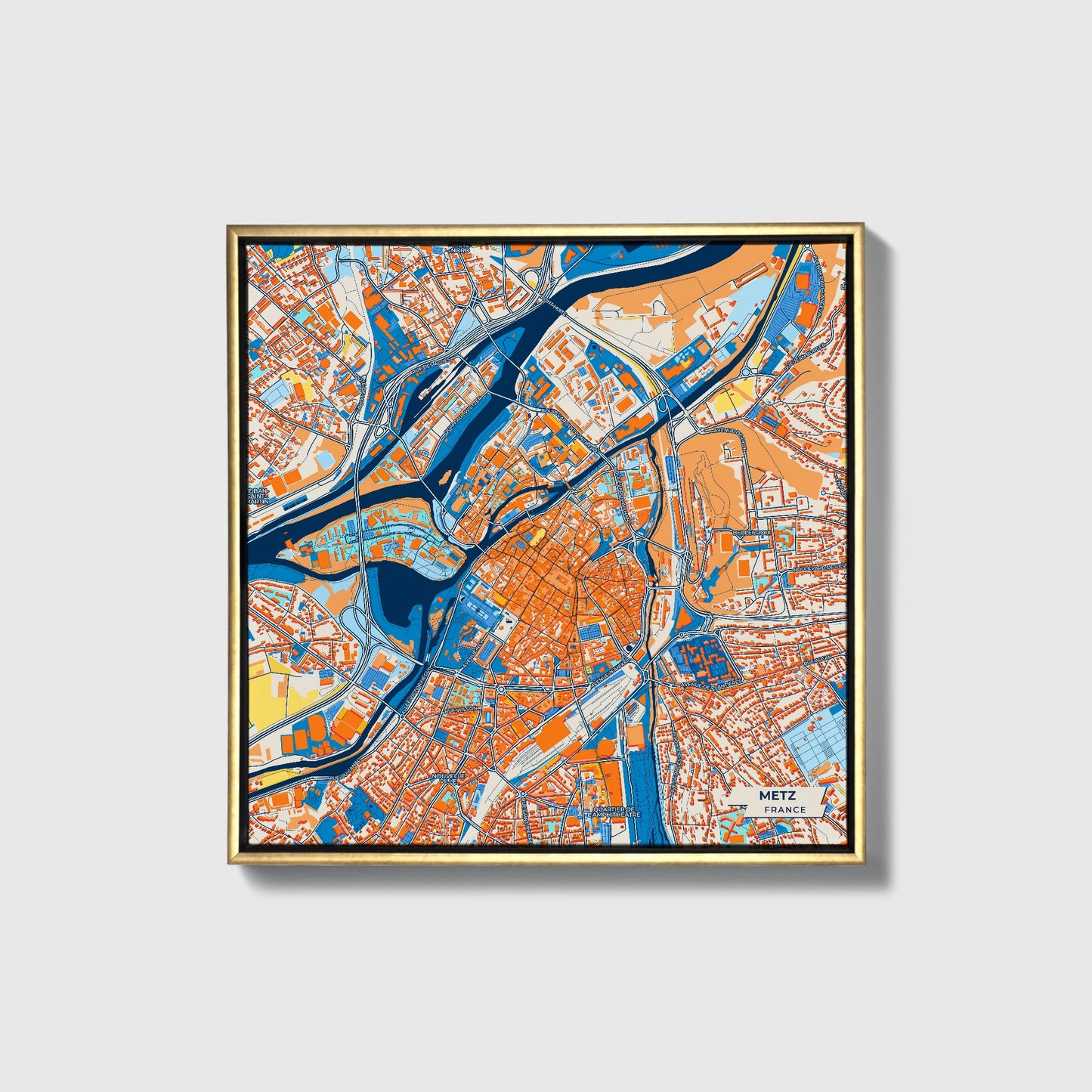 Metz France Colorful City Map Canvas Print • Gold Framed