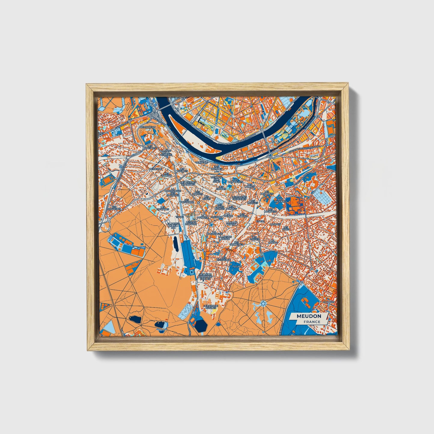 Meudon France Colorful City Map Canvas Print • Natural Wooden Framed
