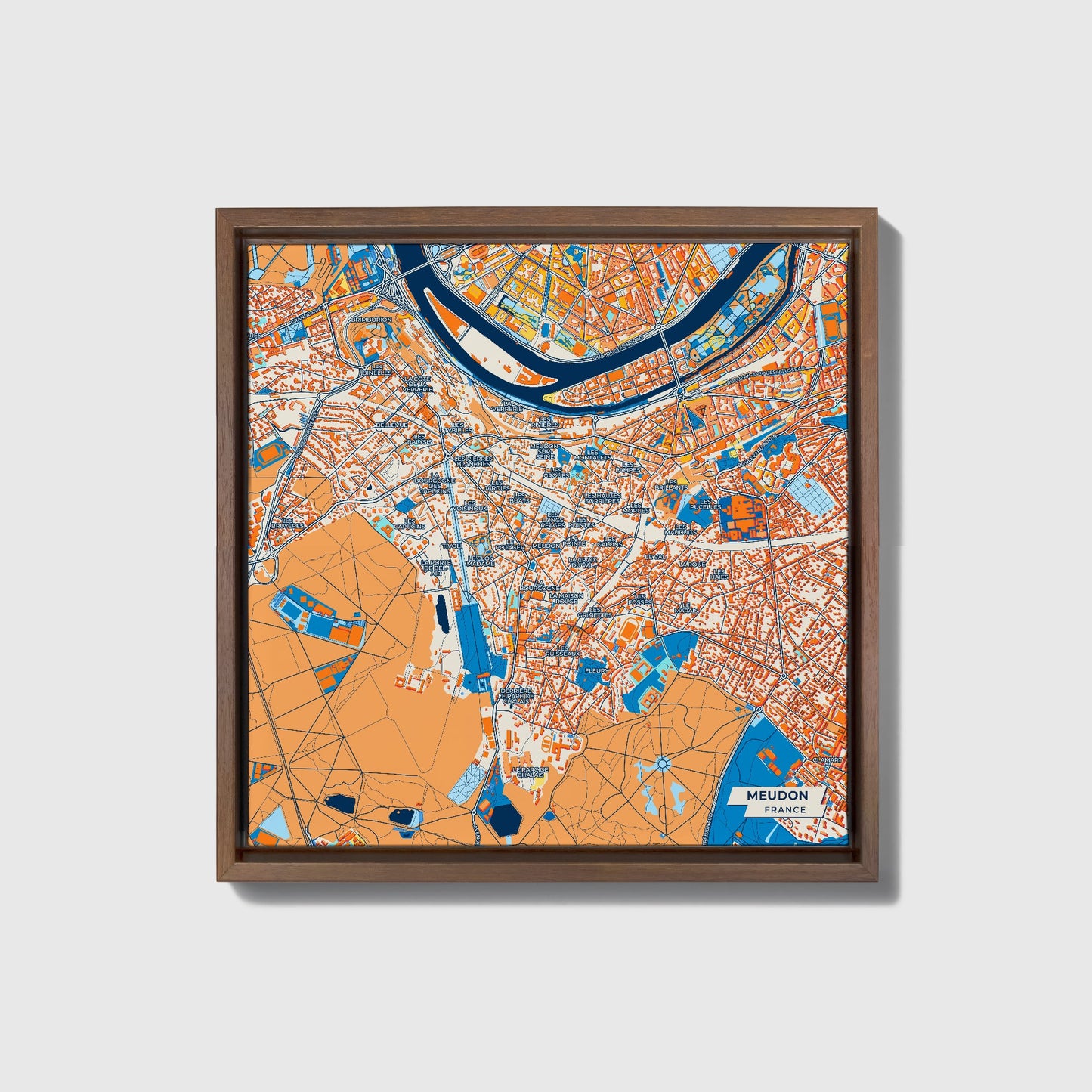 Meudon France Colorful City Map Canvas Print • Dark Wooden Framed