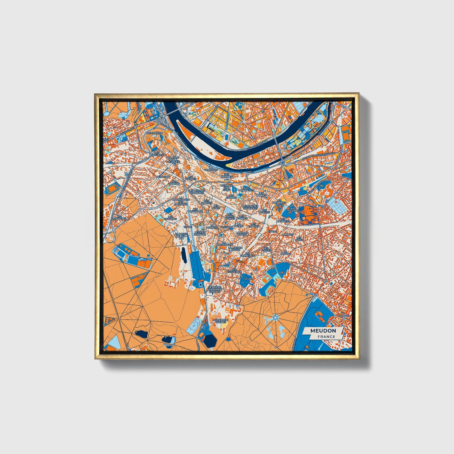 Meudon France Colorful City Map Canvas Print • Gold Framed