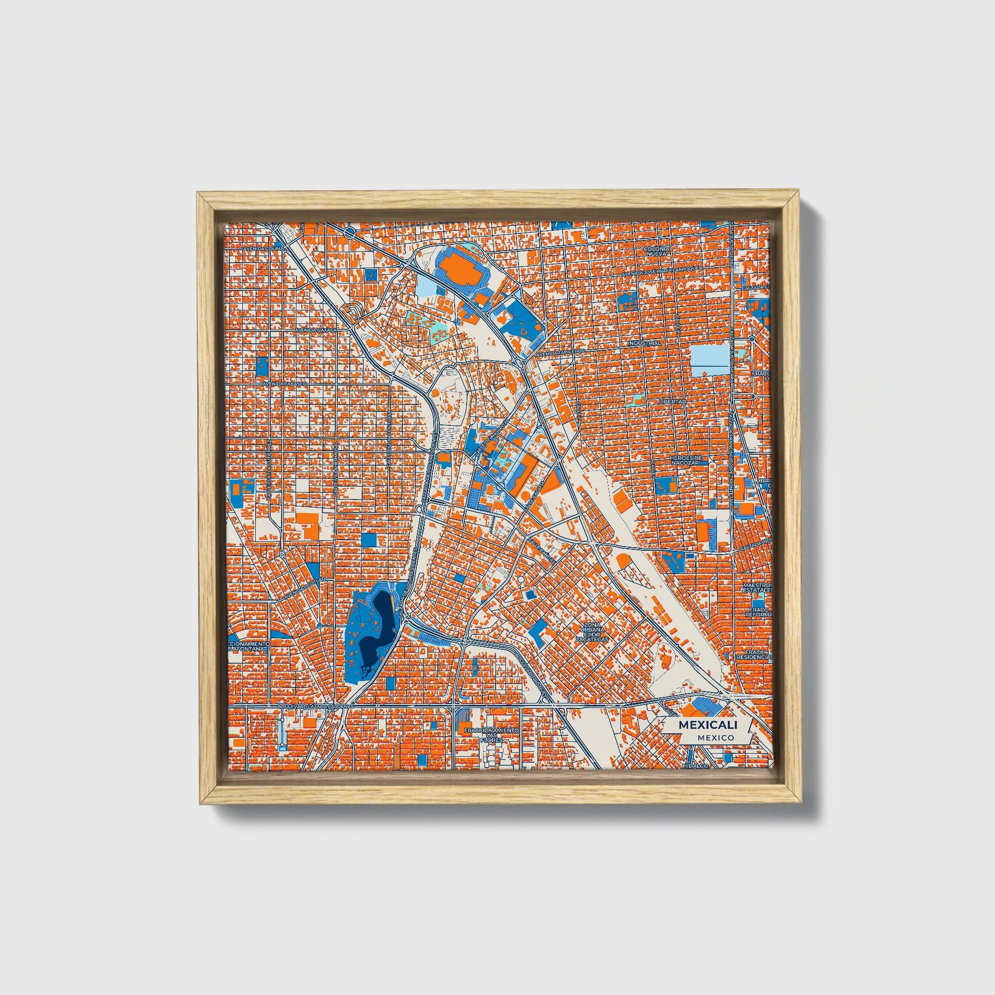 Mexicali Mexico Colorful City Map Canvas Print • Natural Wooden Framed