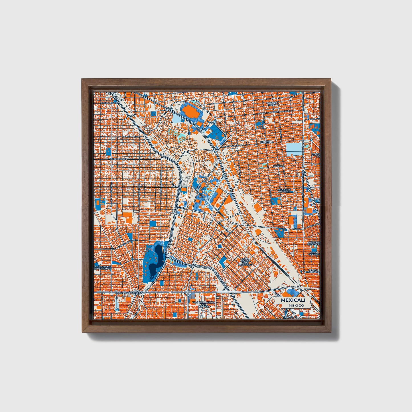 Mexicali Mexico Colorful City Map Canvas Print • Dark Wooden Framed