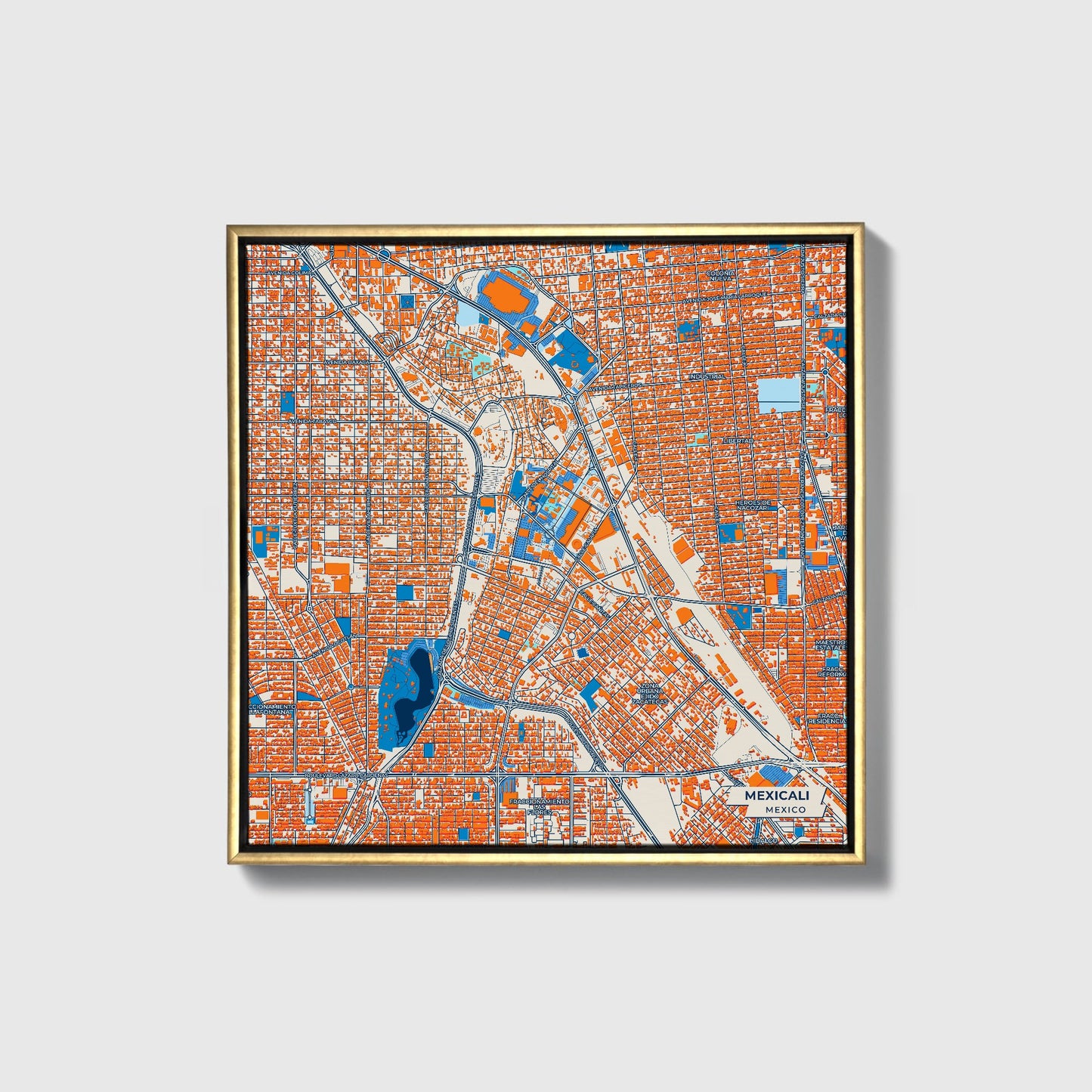 Mexicali Mexico Colorful City Map Canvas Print • Gold Framed