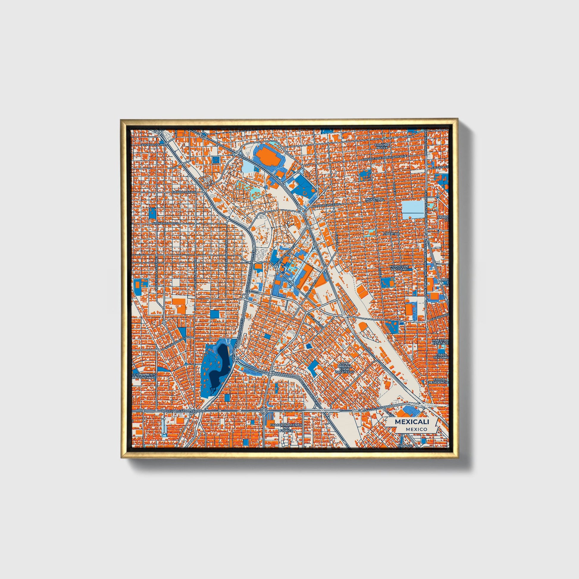 Mexicali Mexico Colorful City Map Canvas Print • Gold Framed