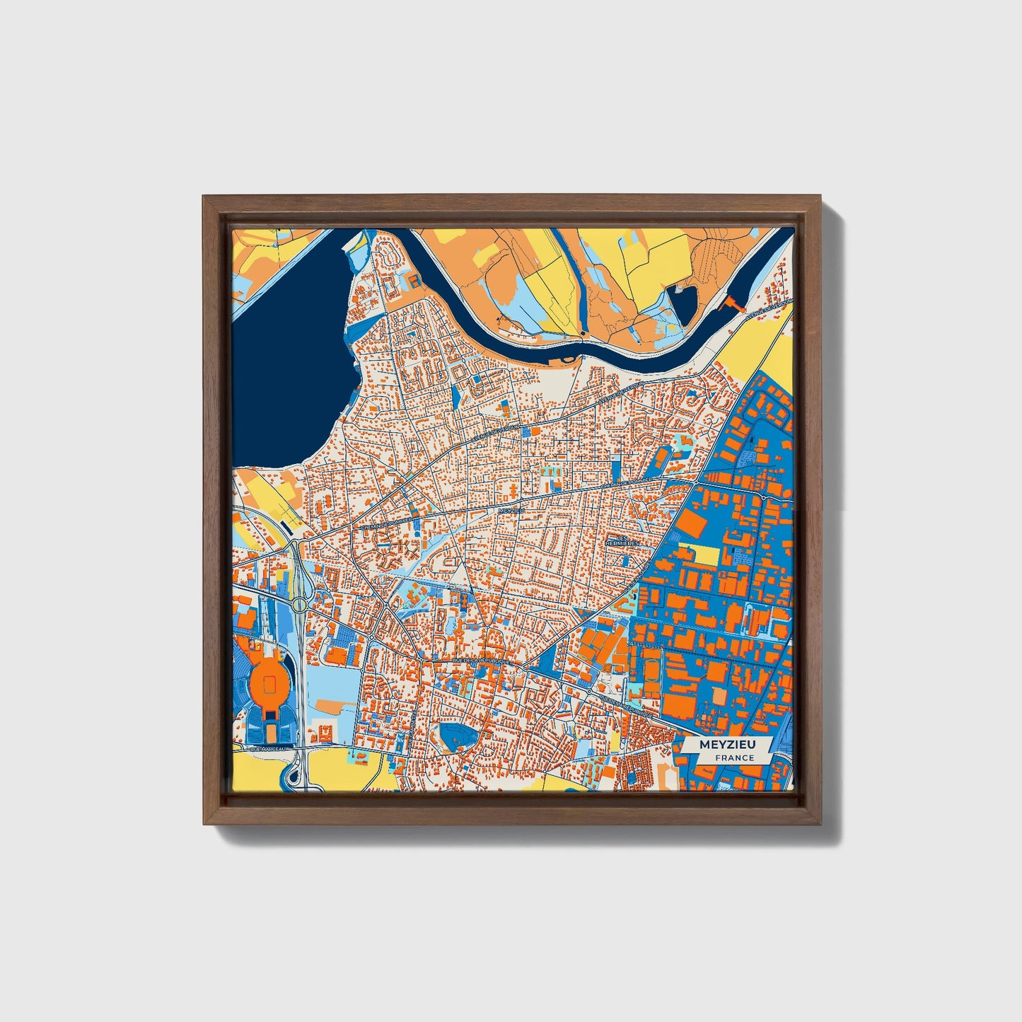 Meyzieu France Colorful City Map Canvas Print • Dark Wooden Framed