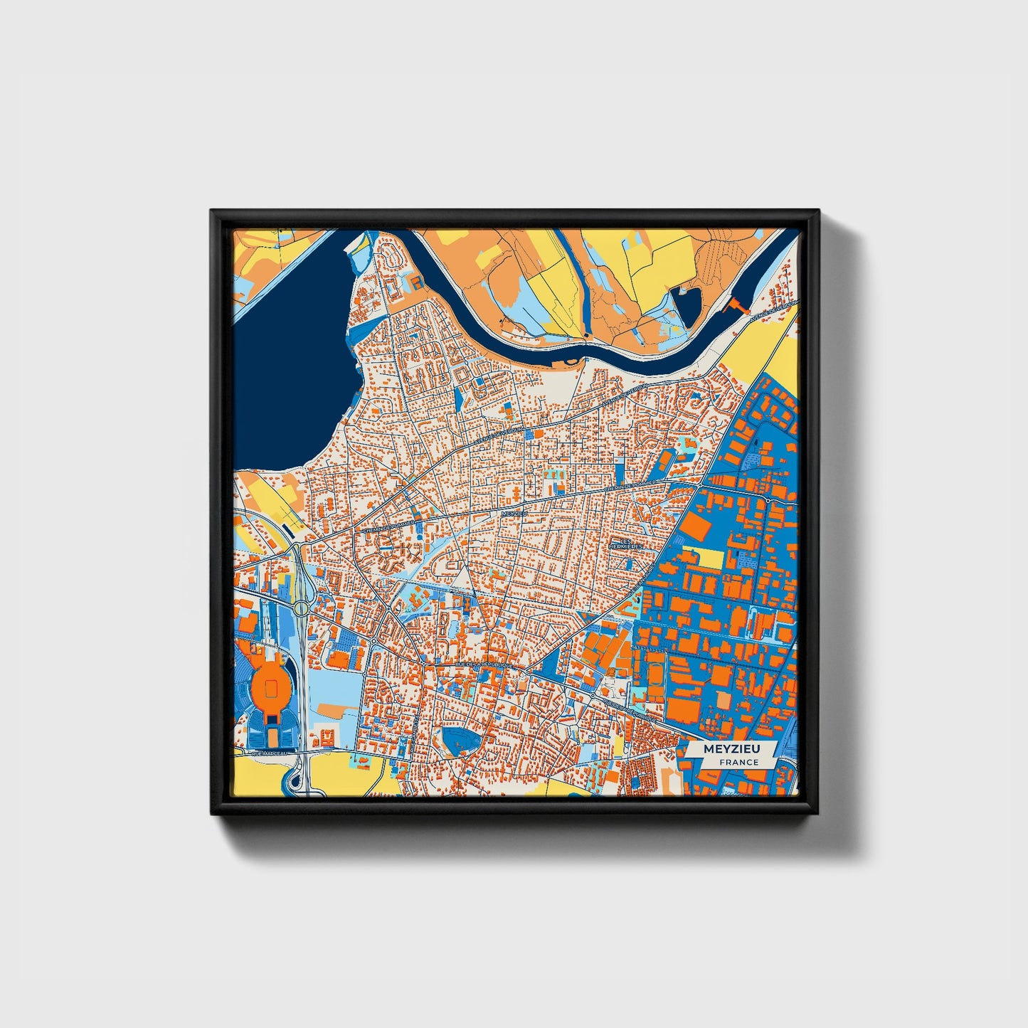Meyzieu France Colorful City Map Canvas Print • Black Framed