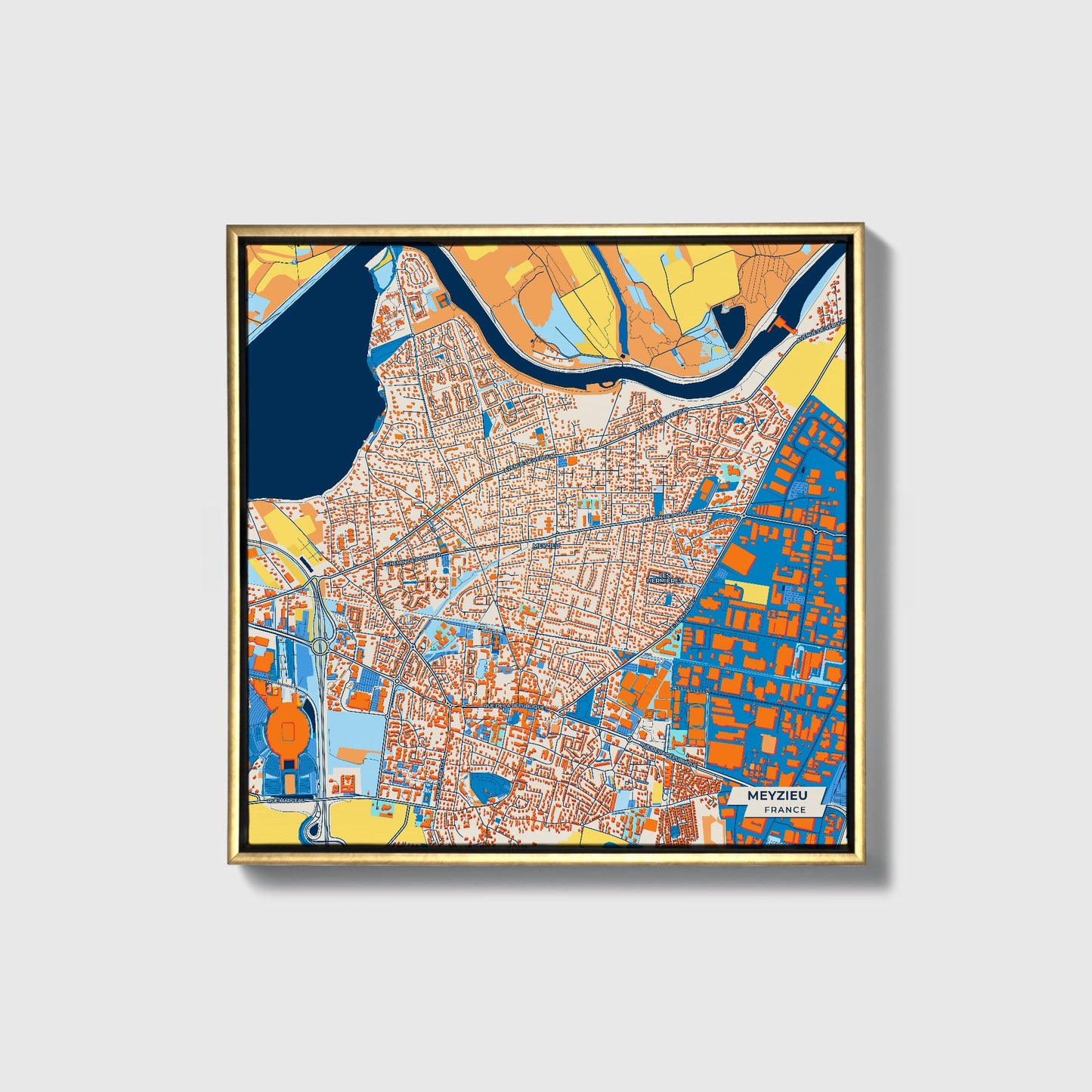 Meyzieu France Colorful City Map Canvas Print • Gold Framed