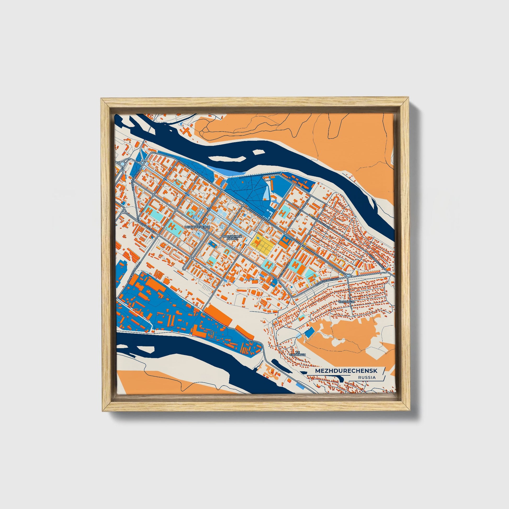 Междуреченск Russia Colorful City Map Canvas Print • Natural Wooden Framed