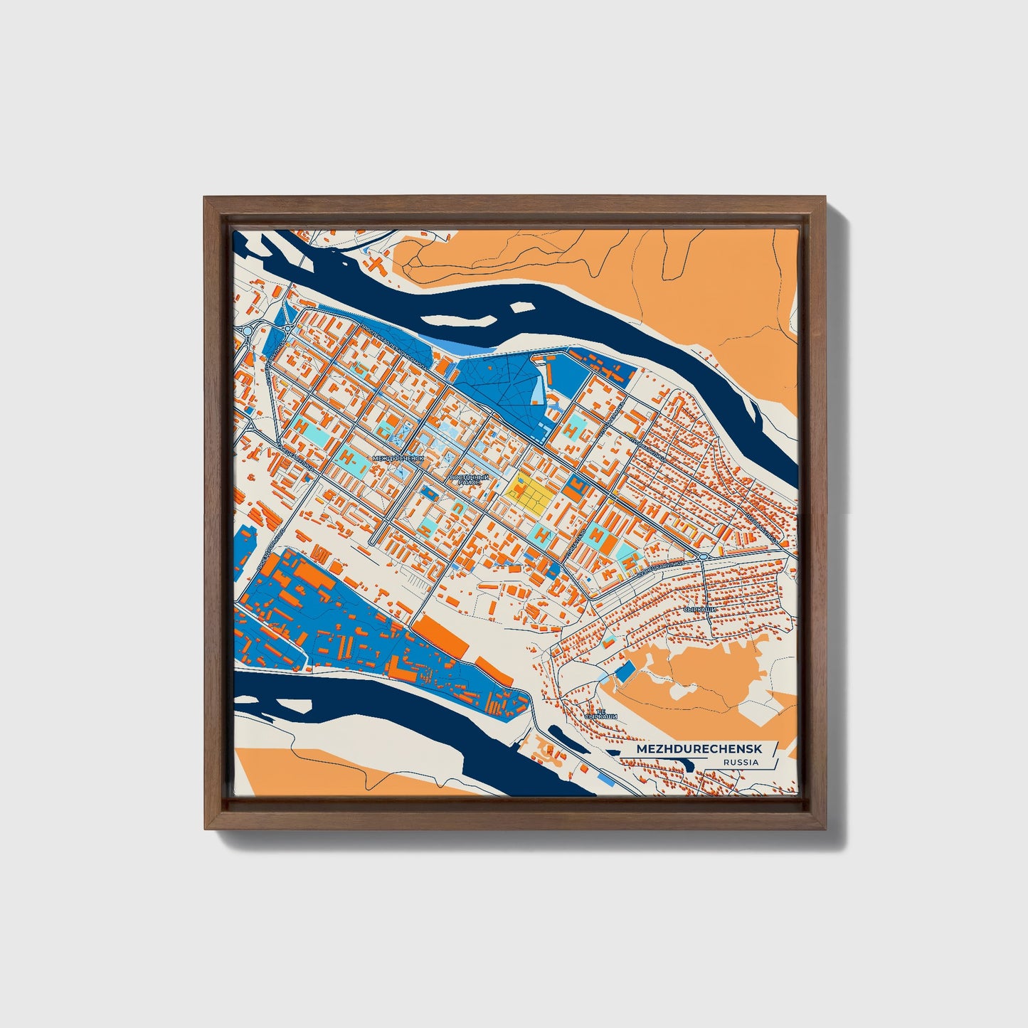 Междуреченск Russia Colorful City Map Canvas Print • Dark Wooden Framed