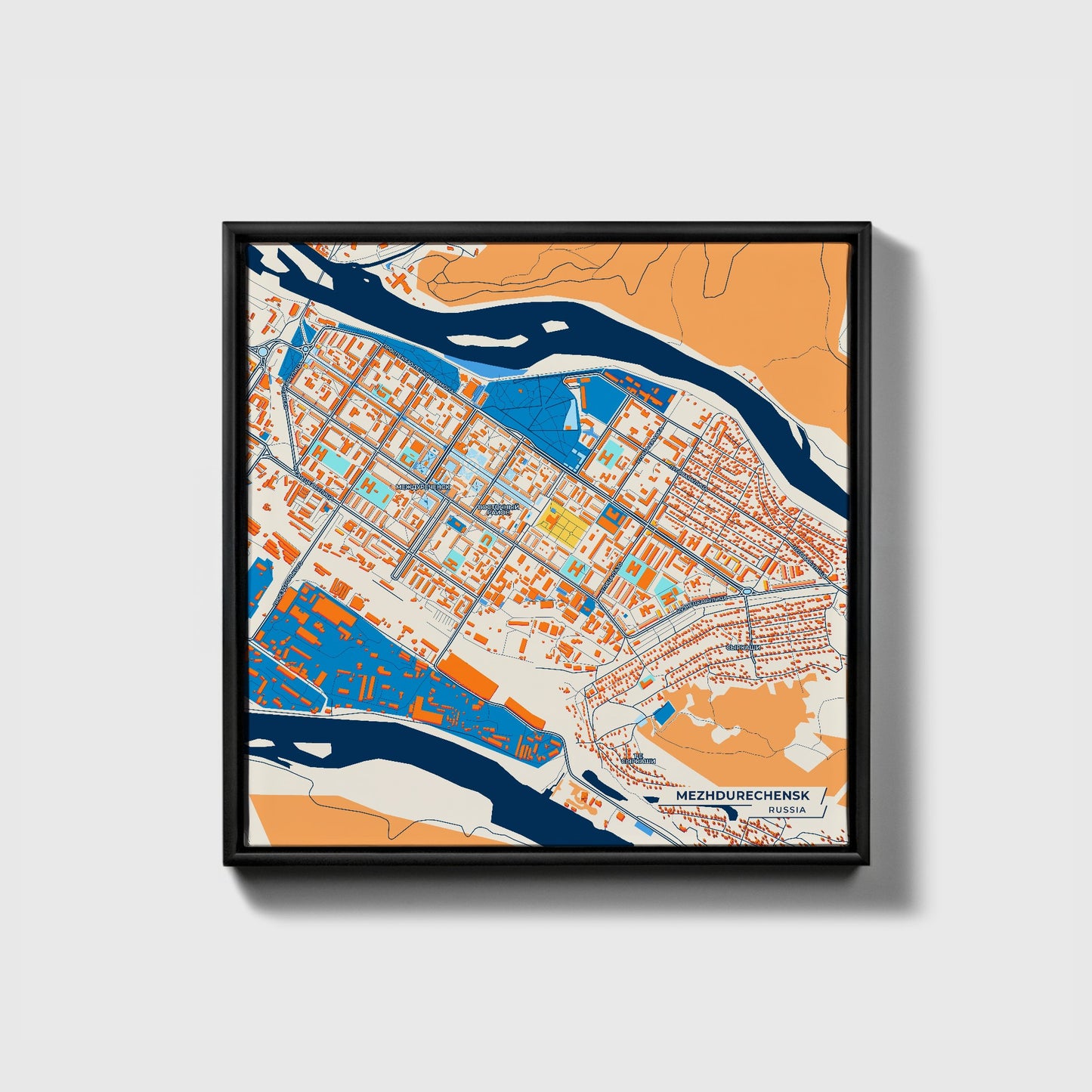 Междуреченск Russia Colorful City Map Canvas Print • Black Framed
