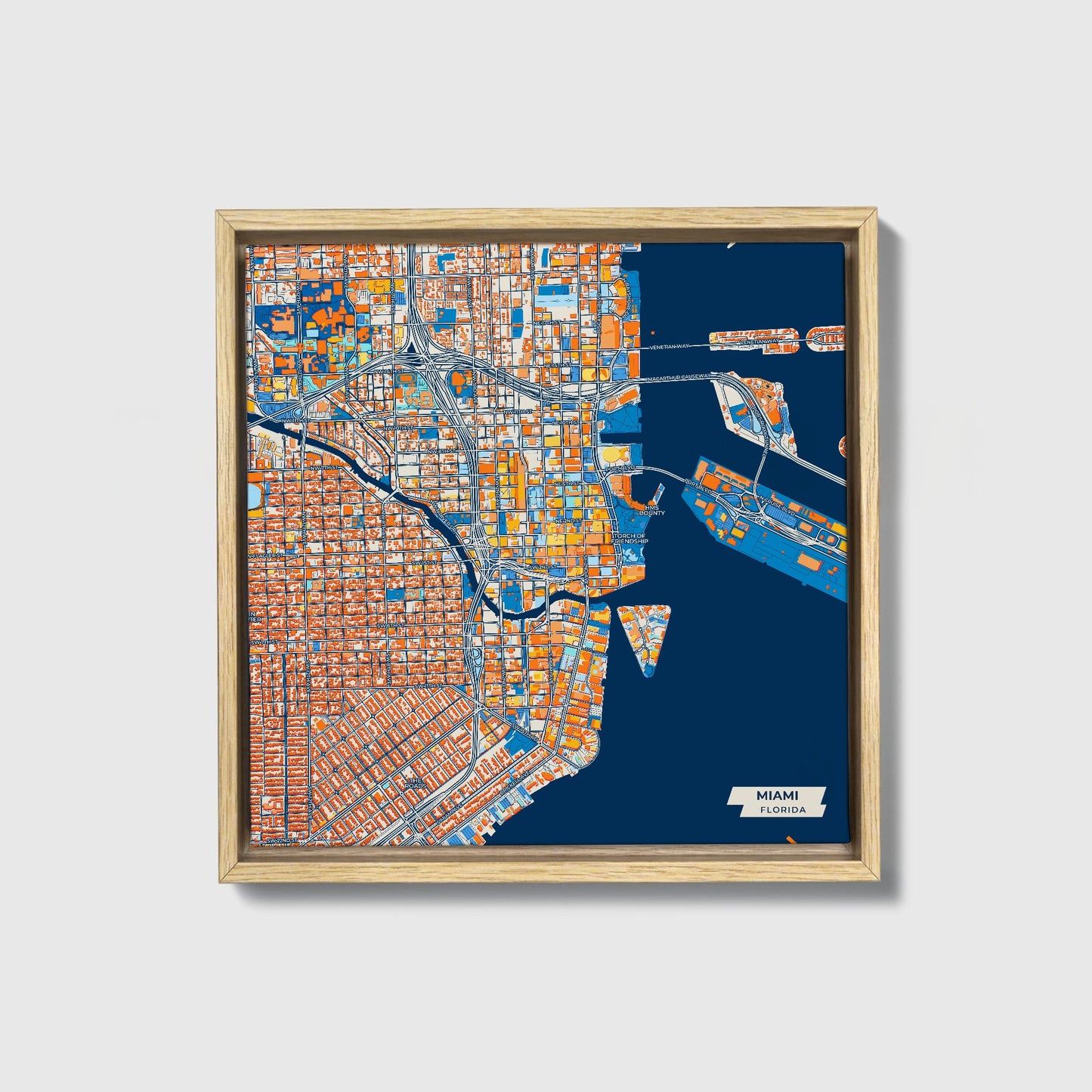 Miami Florida Colorful City Map Canvas Print • Natural Wooden Framed