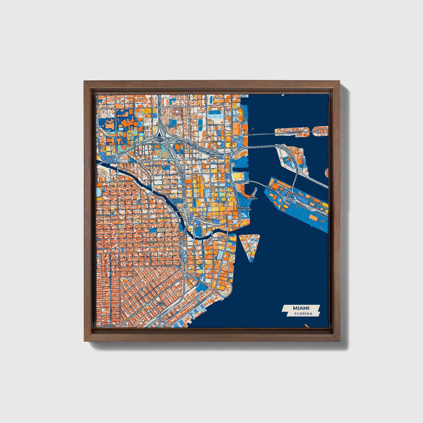 Miami Florida Colorful City Map Canvas Print • Dark Wooden Framed