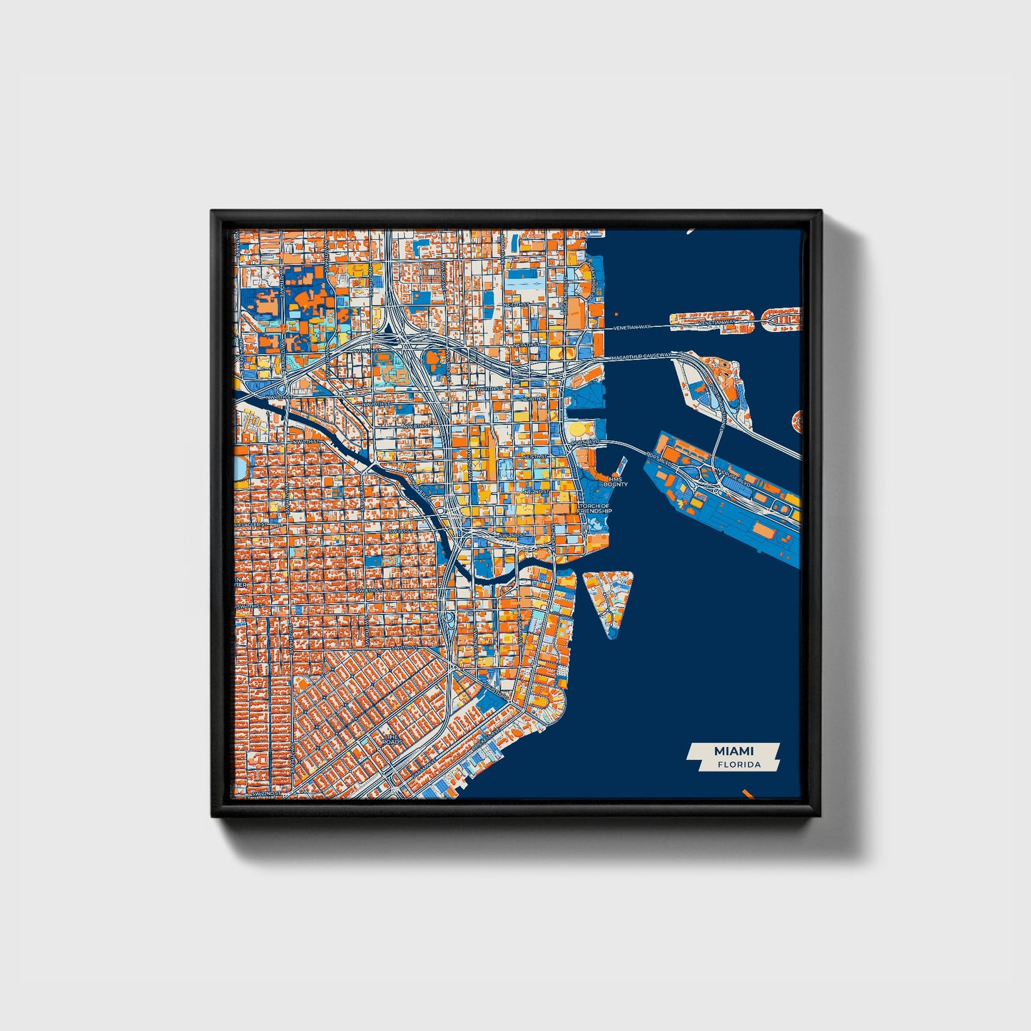 Miami Florida Colorful City Map Canvas Print • Black Framed