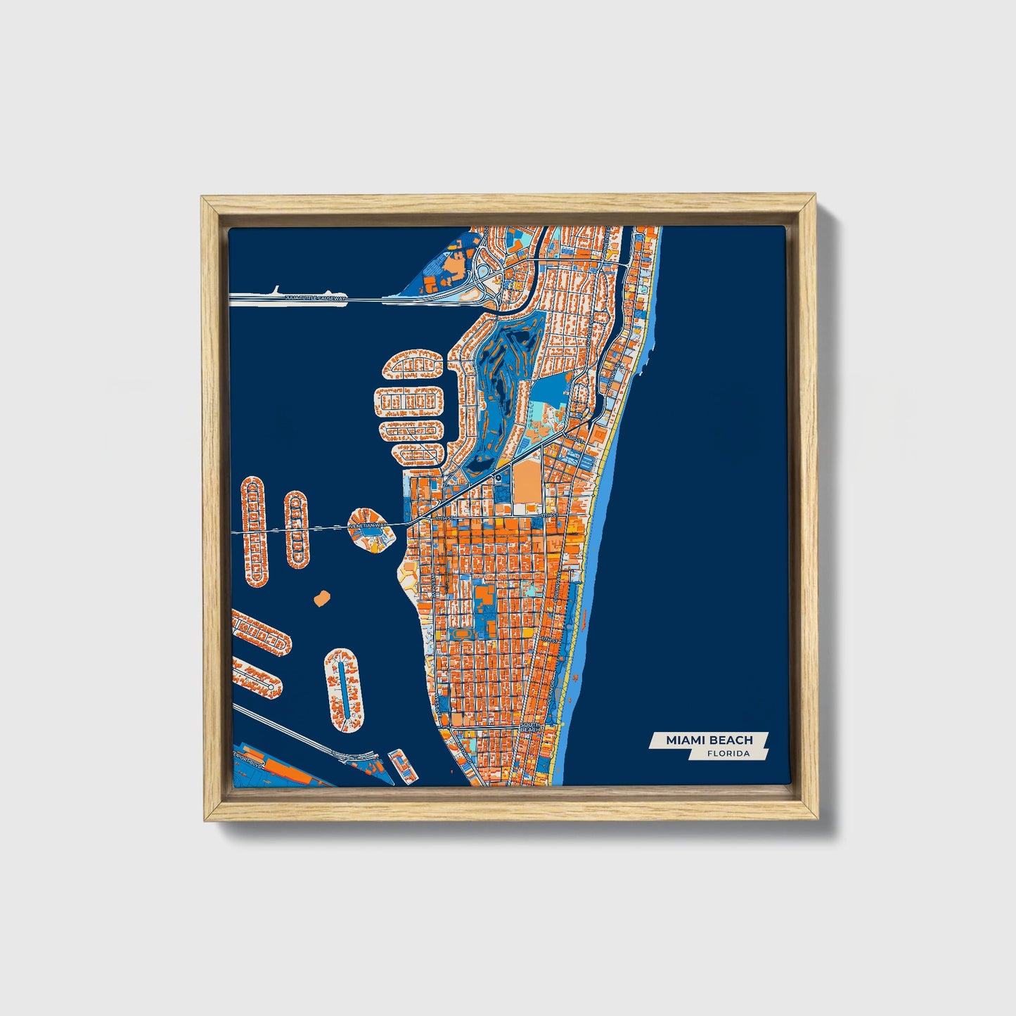 Miami Beach Florida Colorful City Map Canvas Print • Natural Wooden Framed