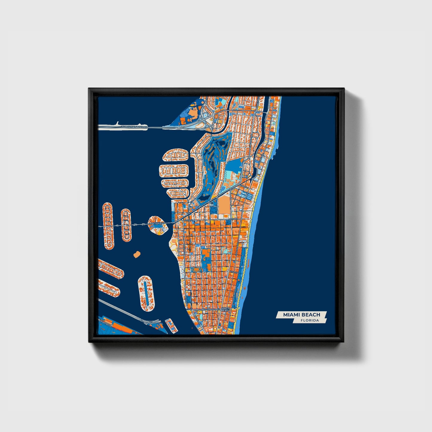 Miami Beach Florida Colorful City Map Canvas Print • Black Framed