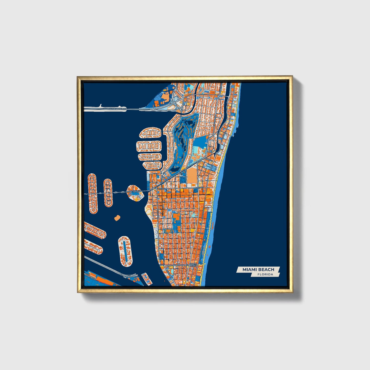 Miami Beach Florida Colorful City Map Canvas Print • Gold Framed