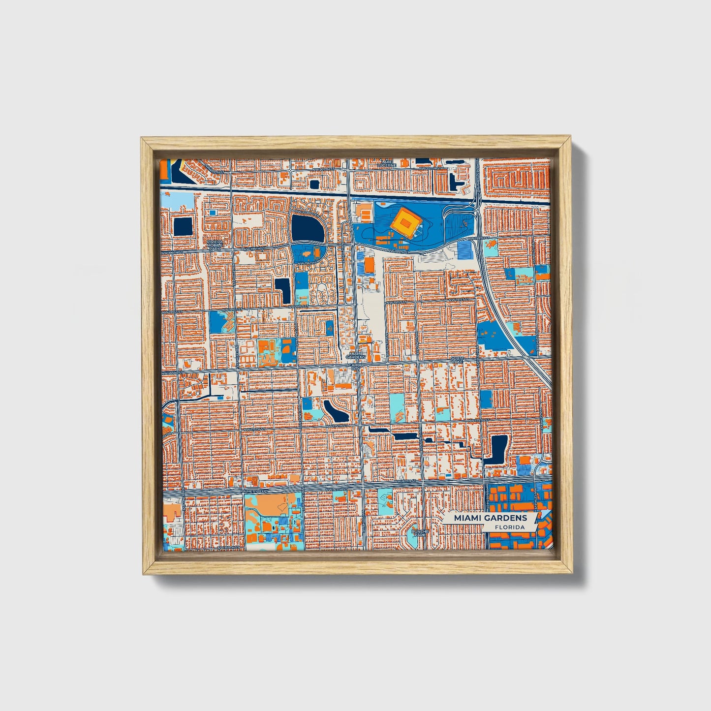 Miami Gardens Florida Colorful City Map Canvas Print • Natural Wooden Framed