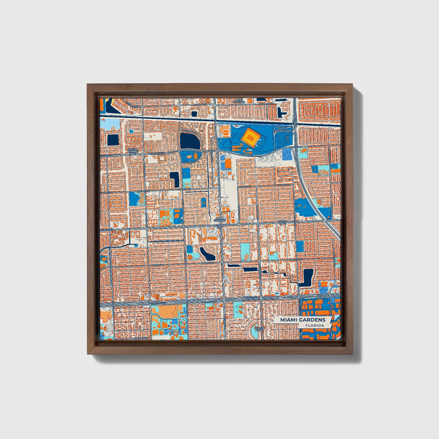 Miami Gardens Florida Colorful City Map Canvas Print • Dark Wooden Framed