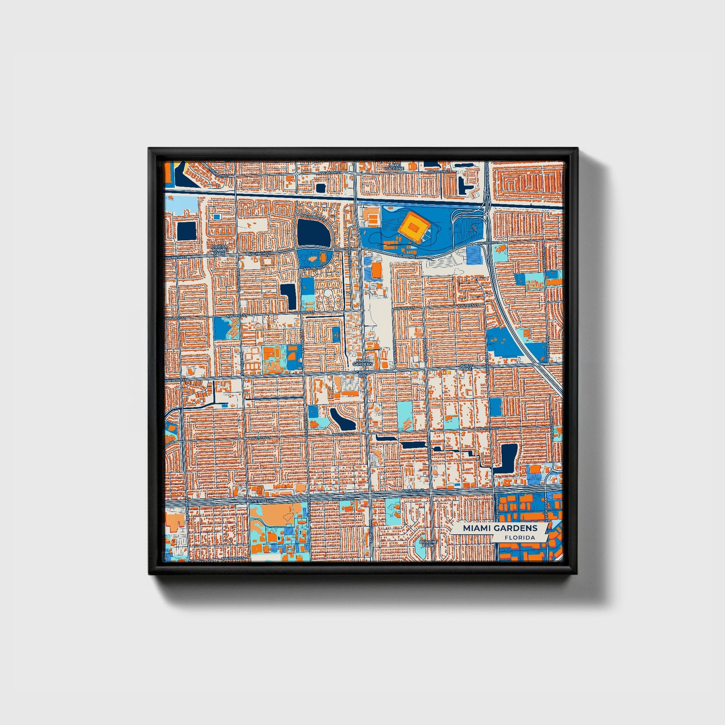 Miami Gardens Florida Colorful City Map Canvas Print • Black Framed