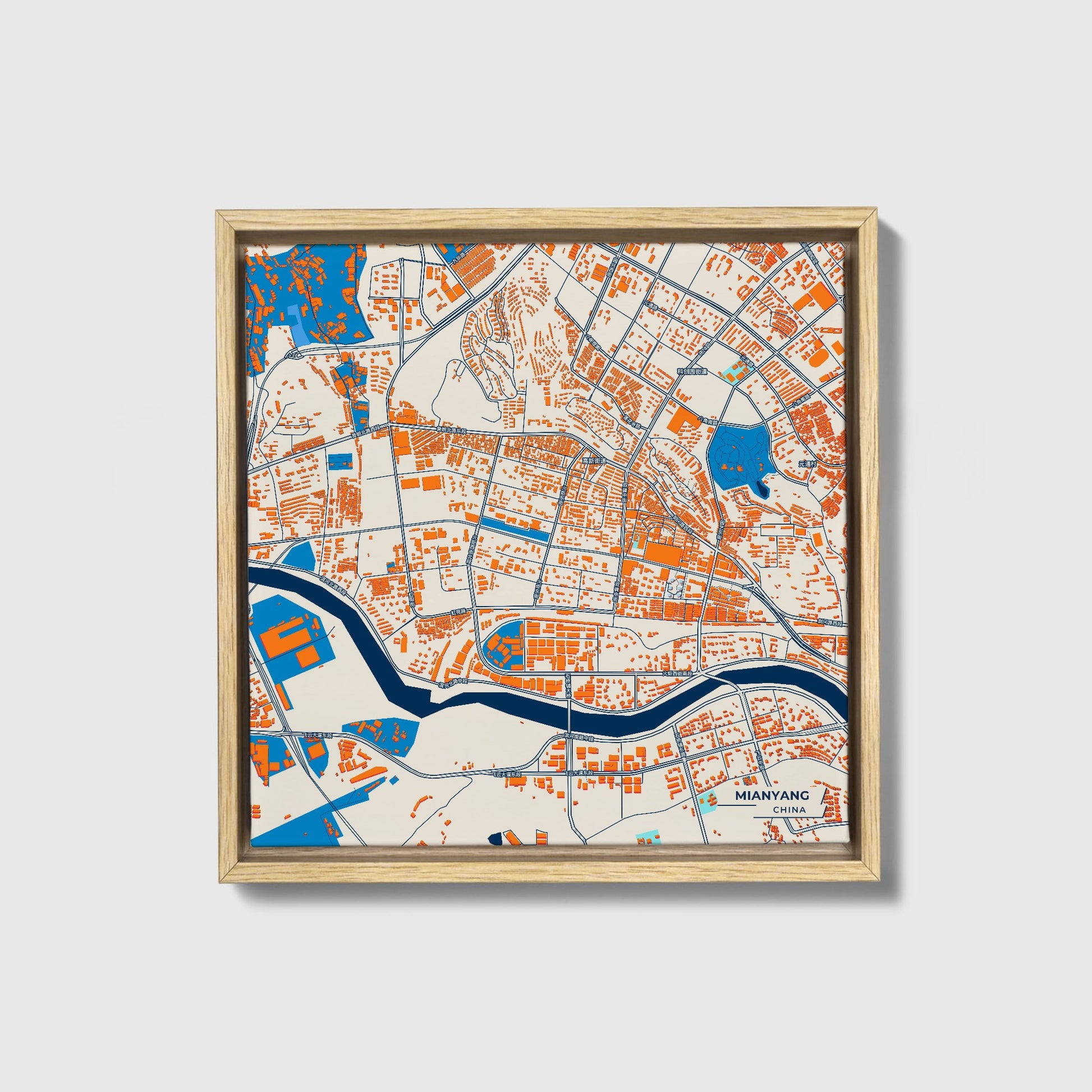 Mianyang China Colorful City Map Canvas Print • Natural Wooden Framed