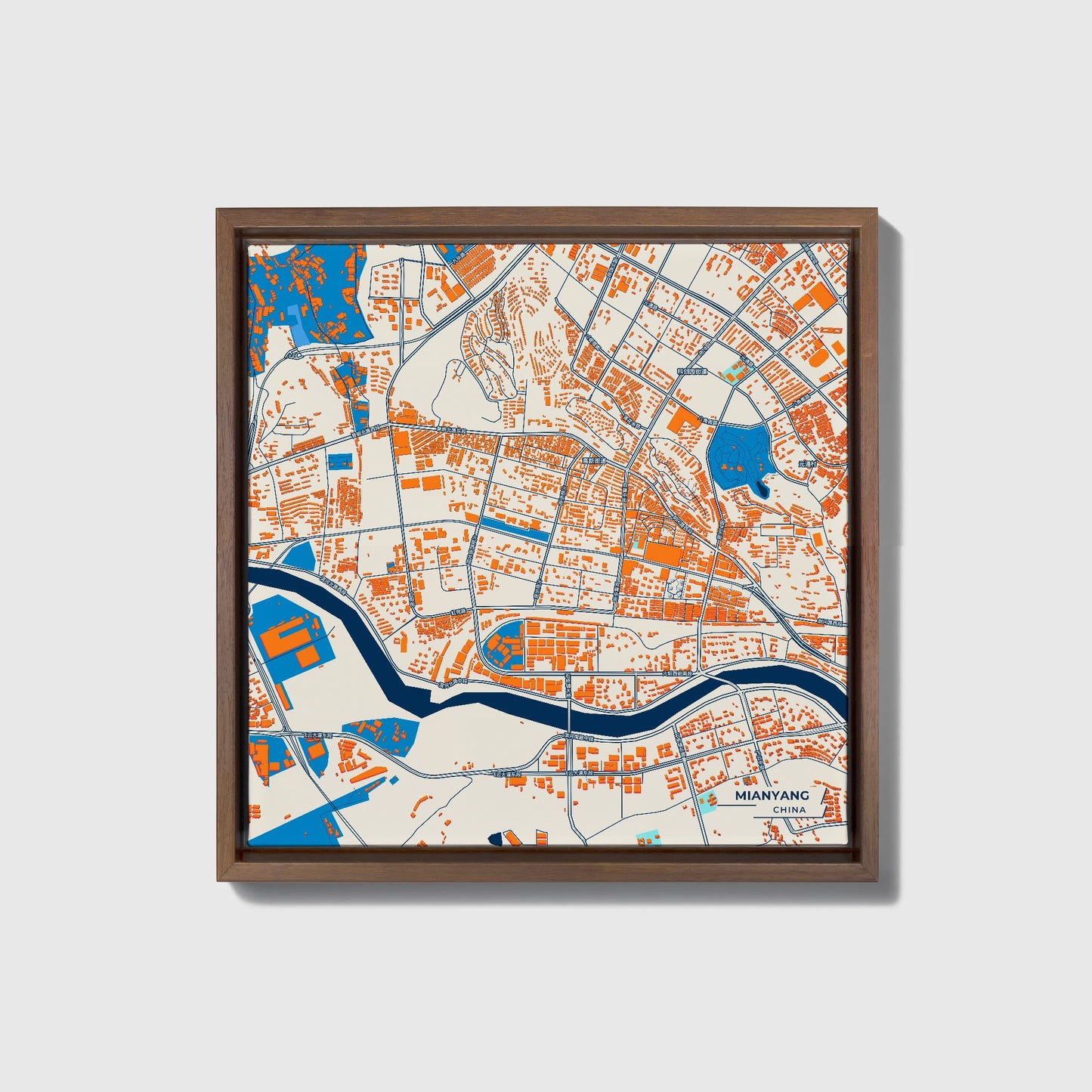 Mianyang China Colorful City Map Canvas Print • Dark Wooden Framed
