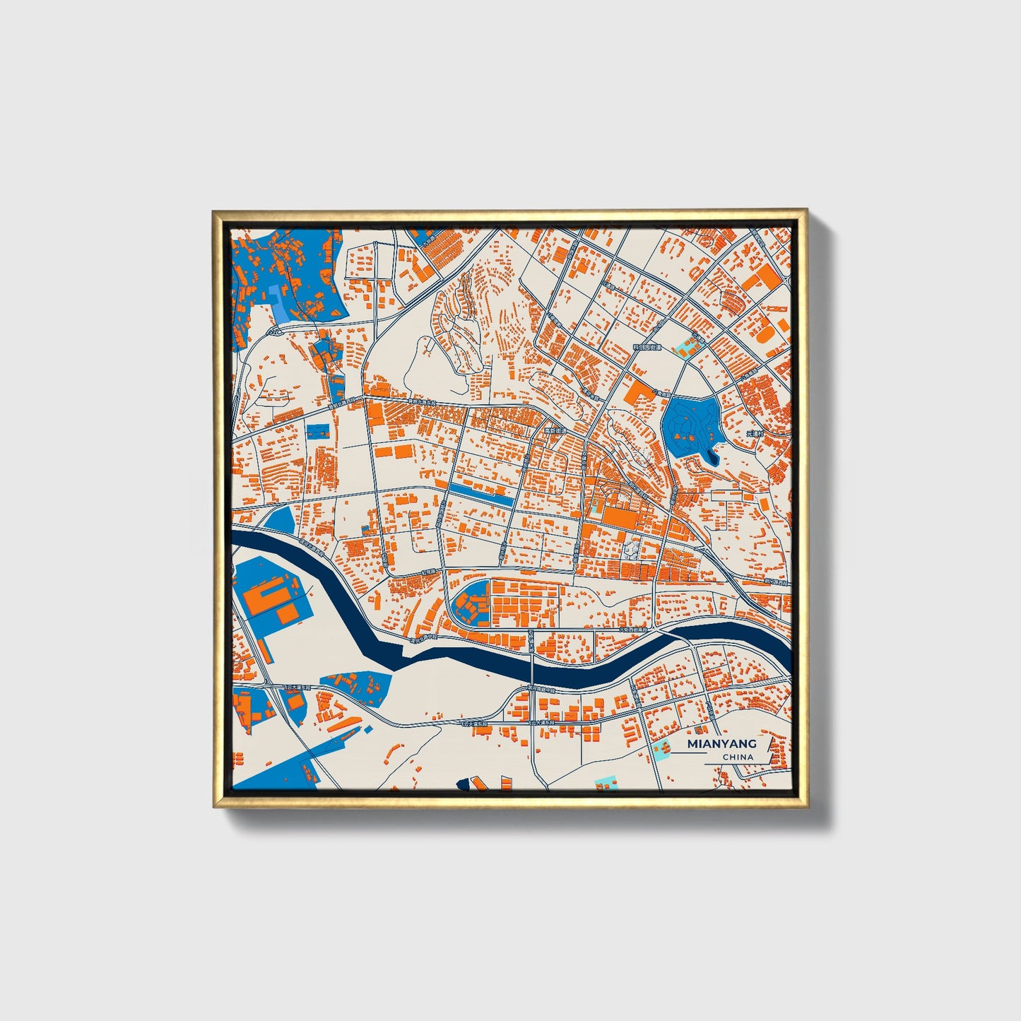 Mianyang China Colorful City Map Canvas Print • Gold Framed