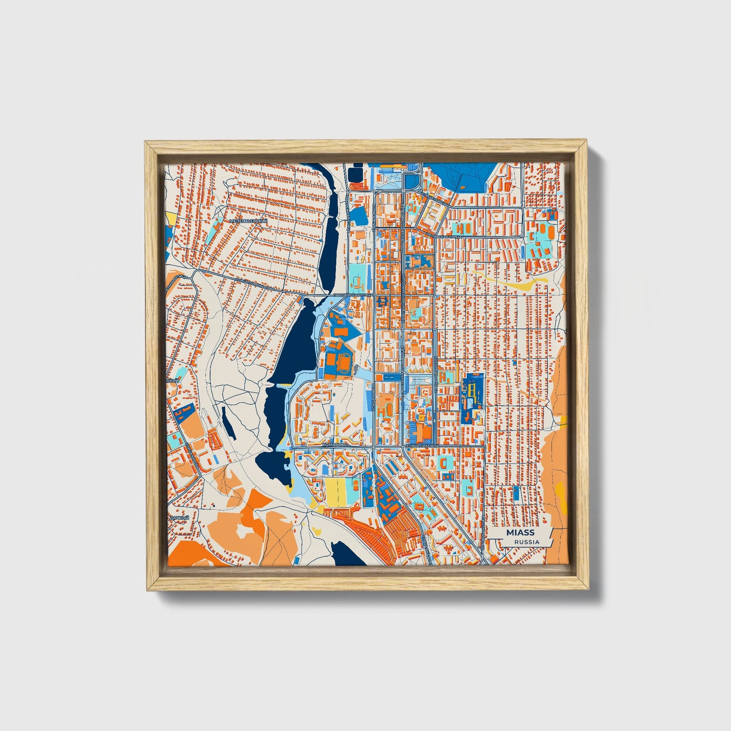 Миасский Russia Colorful City Map Canvas Print • Natural Wooden Framed