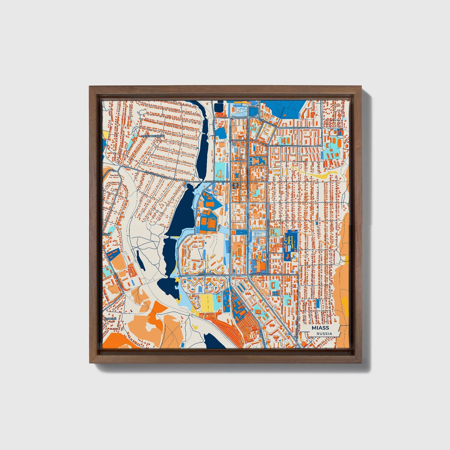 Миасский Russia Colorful City Map Canvas Print • Dark Wooden Framed