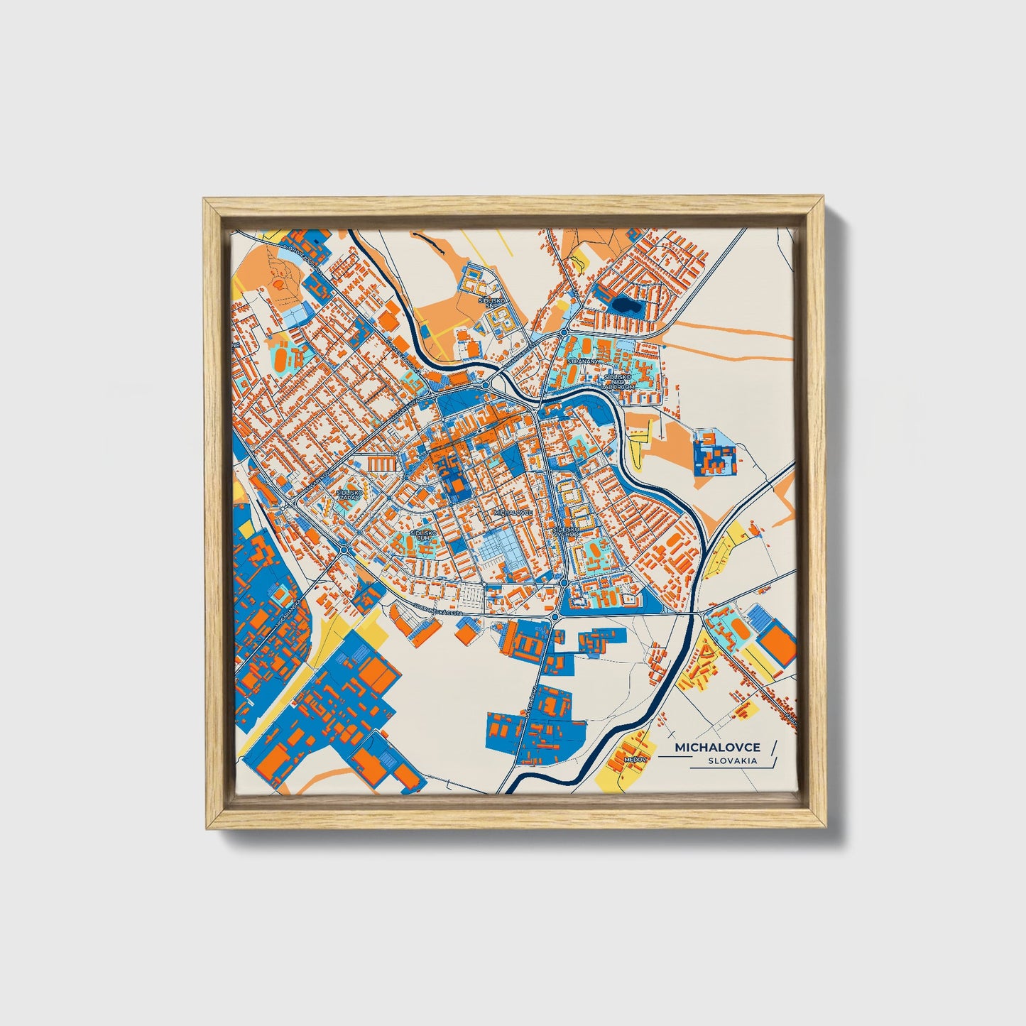 Michalovce Slovakia Colorful City Map Canvas Print • Natural Wooden Framed