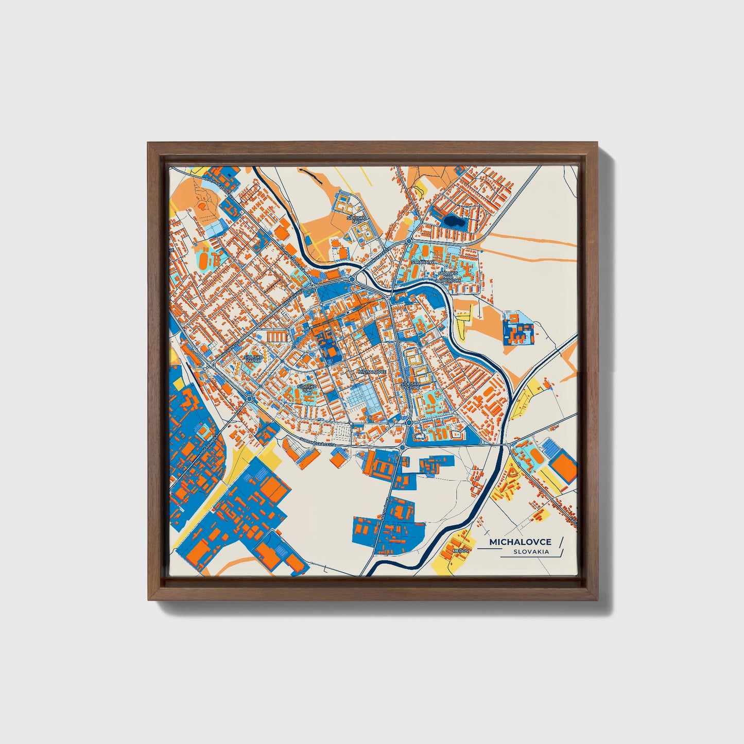 Michalovce Slovakia Colorful City Map Canvas Print • Dark Wooden Framed
