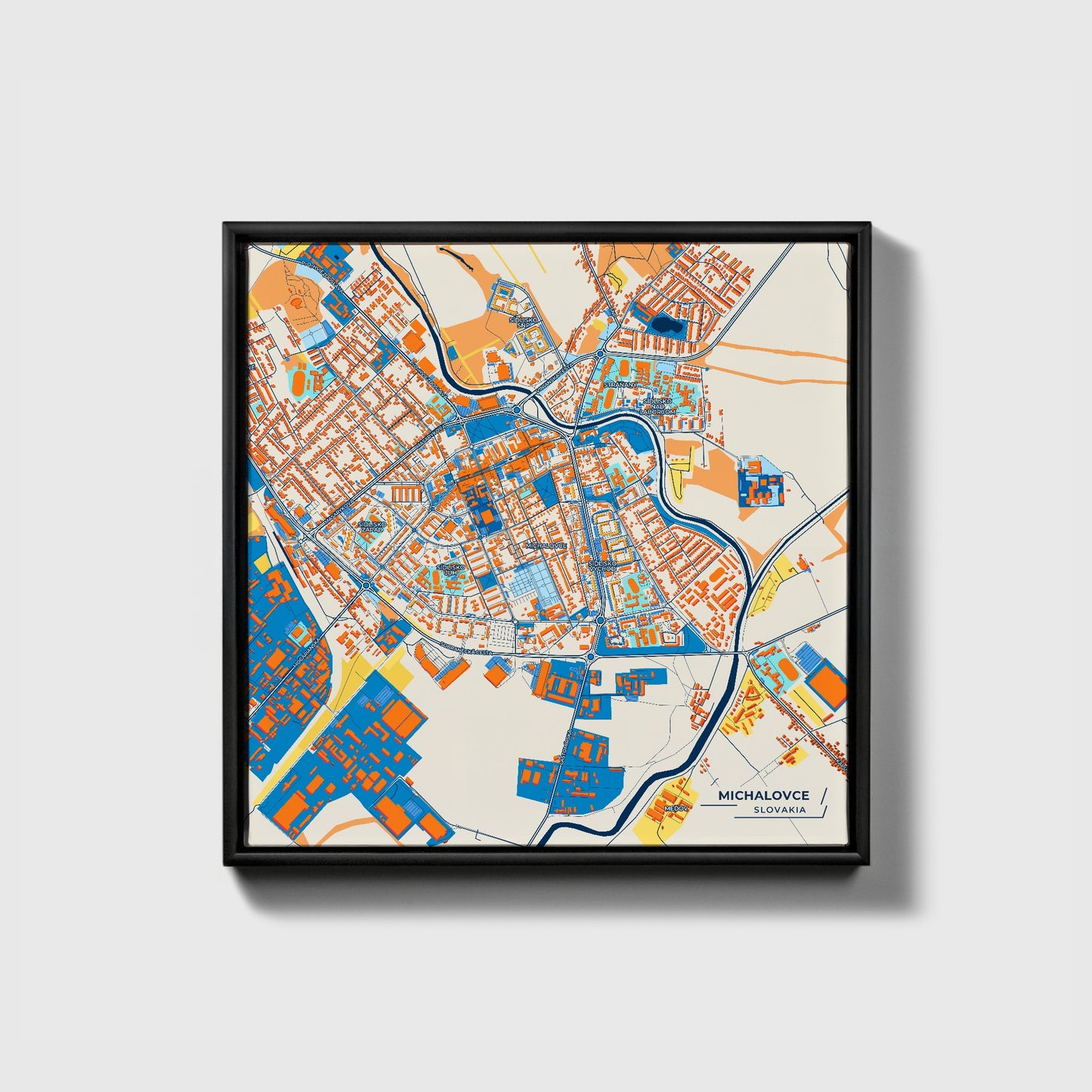 Michalovce Slovakia Colorful City Map Canvas Print • Black Framed