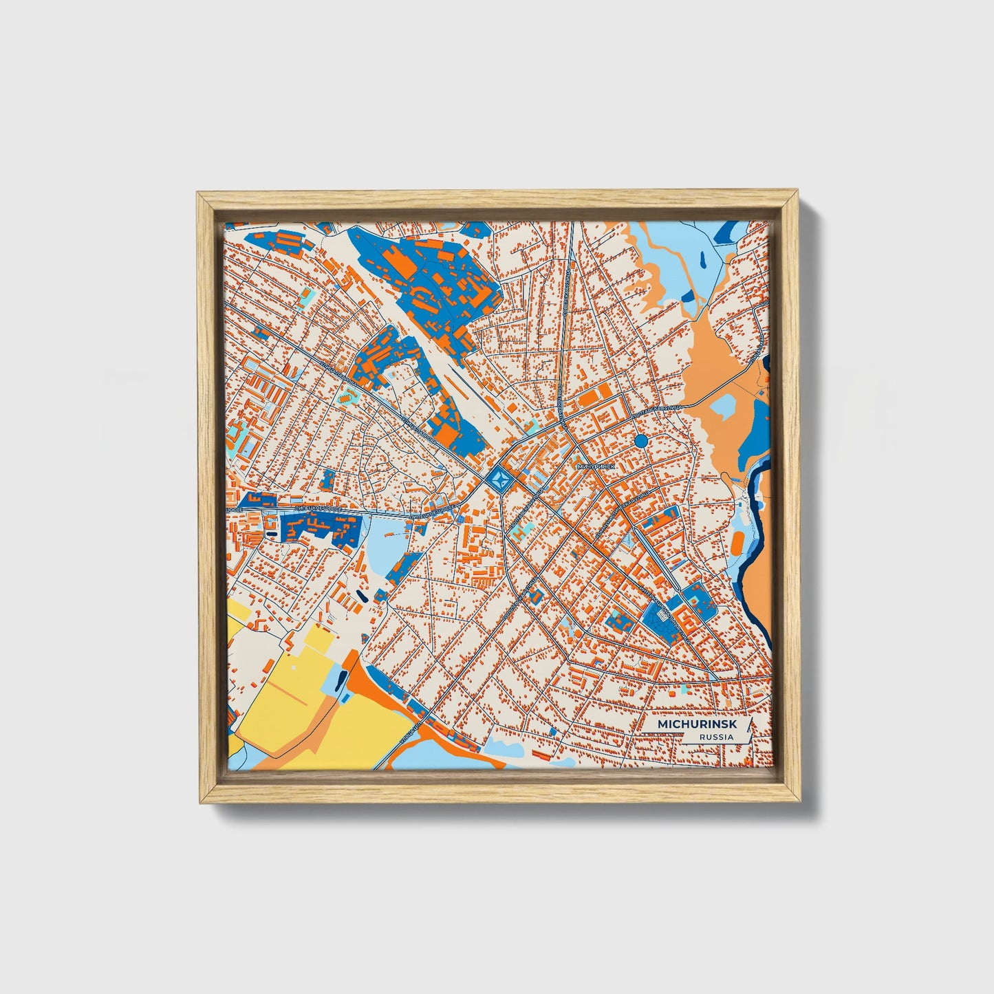 Мичуринск Russia Colorful City Map Canvas Print • Natural Wooden Framed