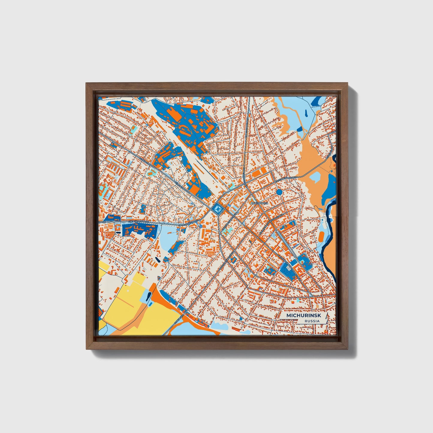Мичуринск Russia Colorful City Map Canvas Print • Dark Wooden Framed