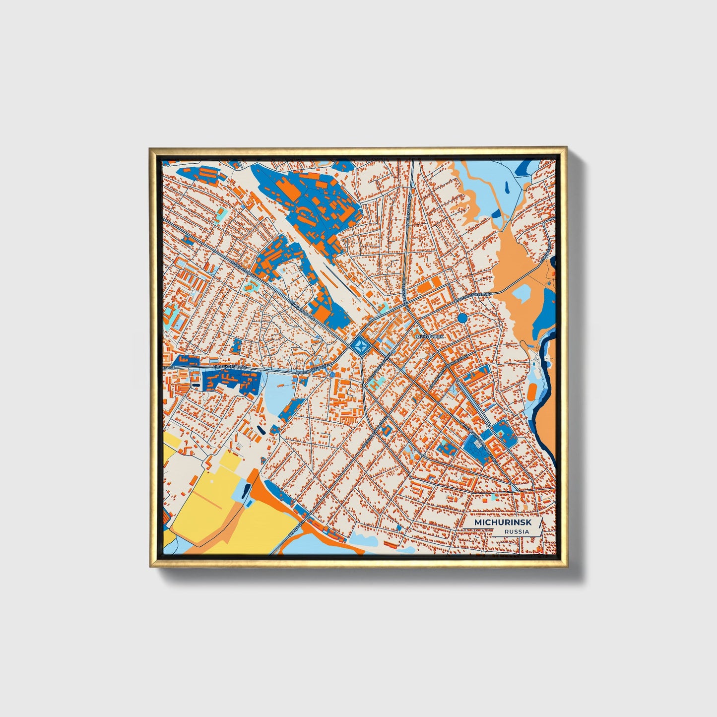 Мичуринск Russia Colorful City Map Canvas Print • Gold Framed
