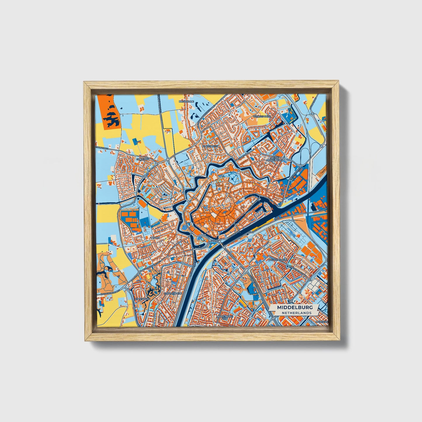 Middelburg Netherlands Colorful City Map Canvas Print • Natural Wooden Framed
