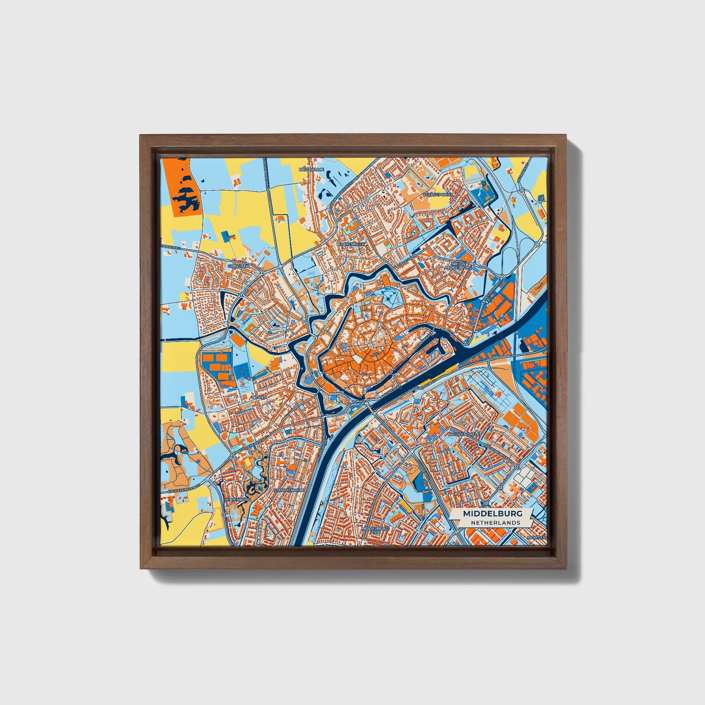 Middelburg Netherlands Colorful City Map Canvas Print • Dark Wooden Framed