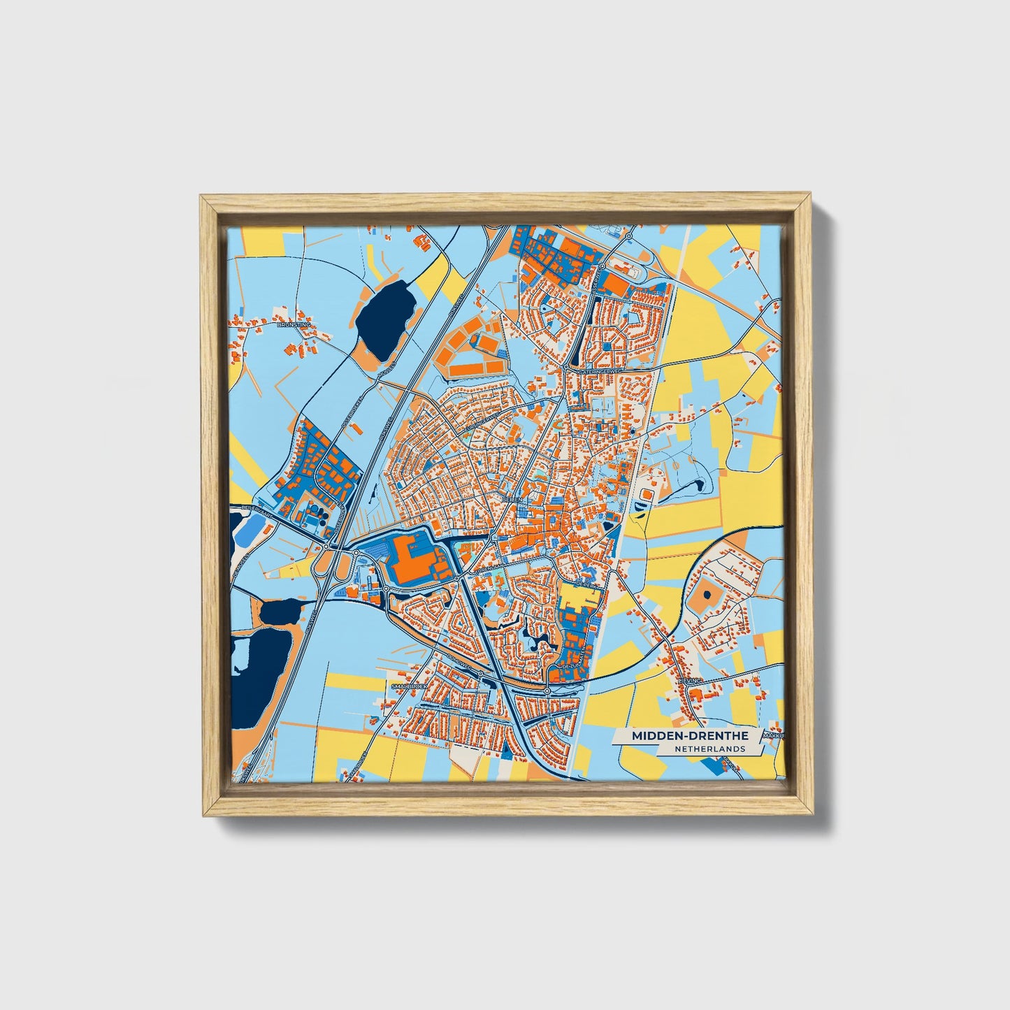 Midden-Drenthe Netherlands Colorful City Map Canvas Print • Natural Wooden Framed