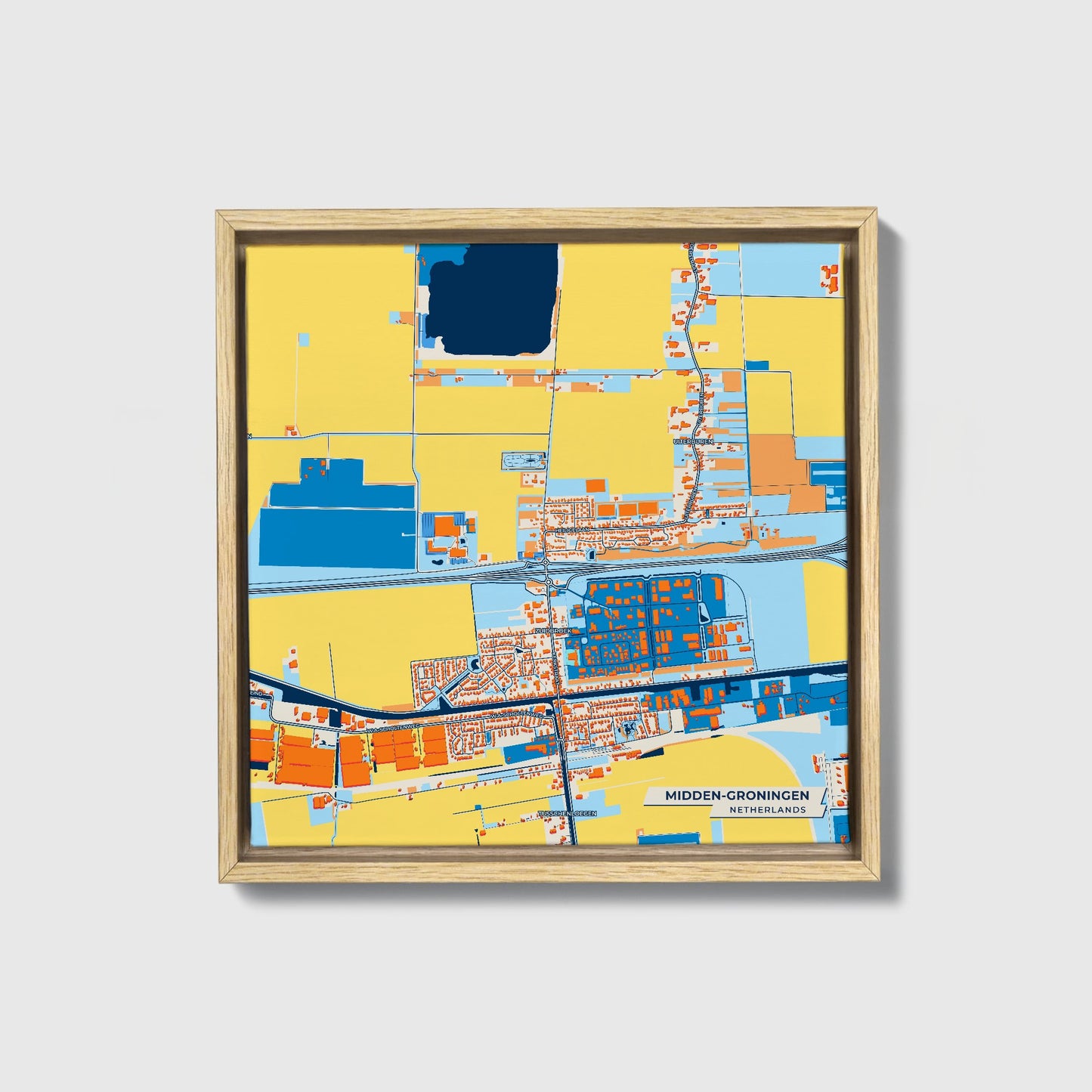 Midden-Groningen Netherlands Colorful City Map Canvas Print • Natural Wooden Framed