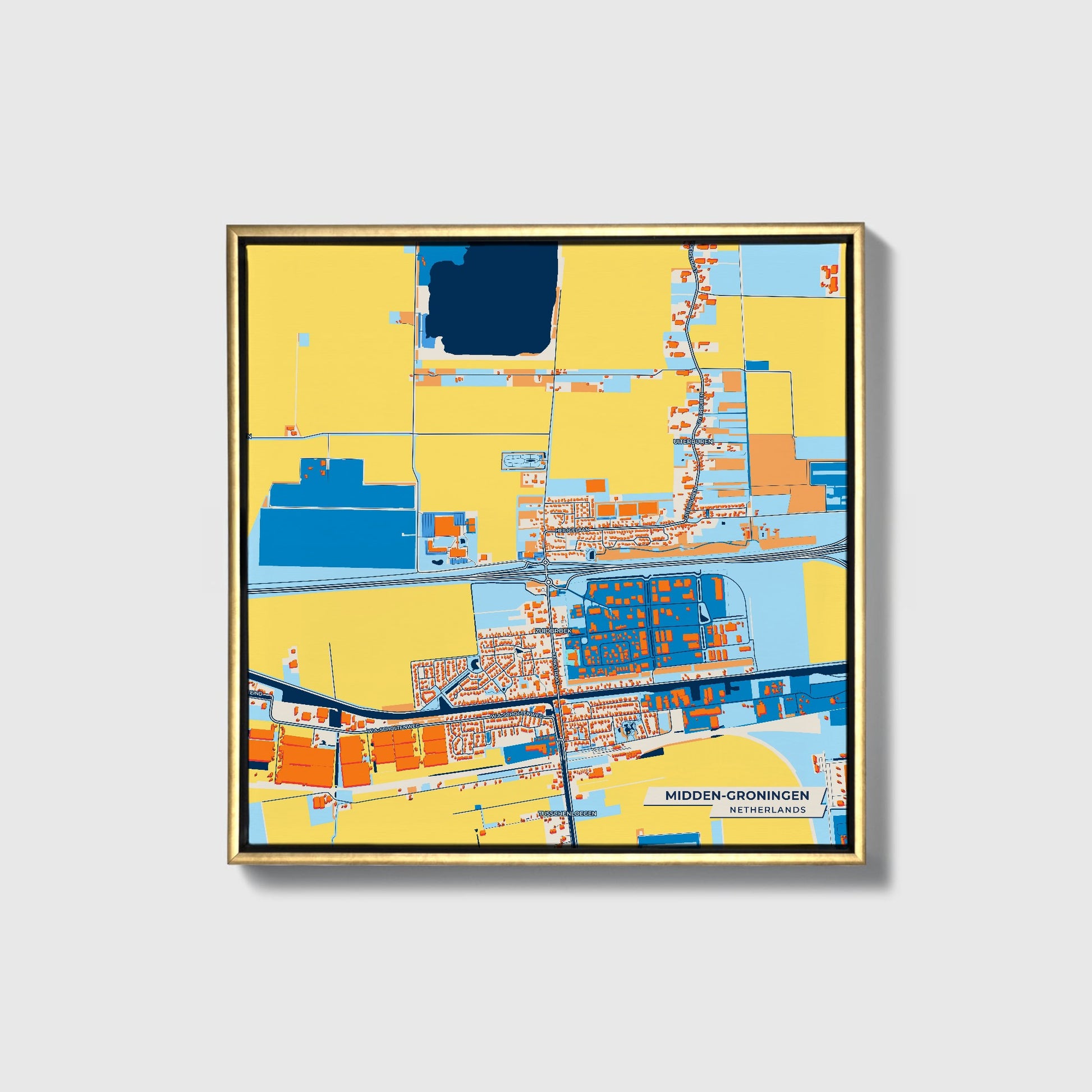 Midden-Groningen Netherlands Colorful City Map Canvas Print • Gold Framed
